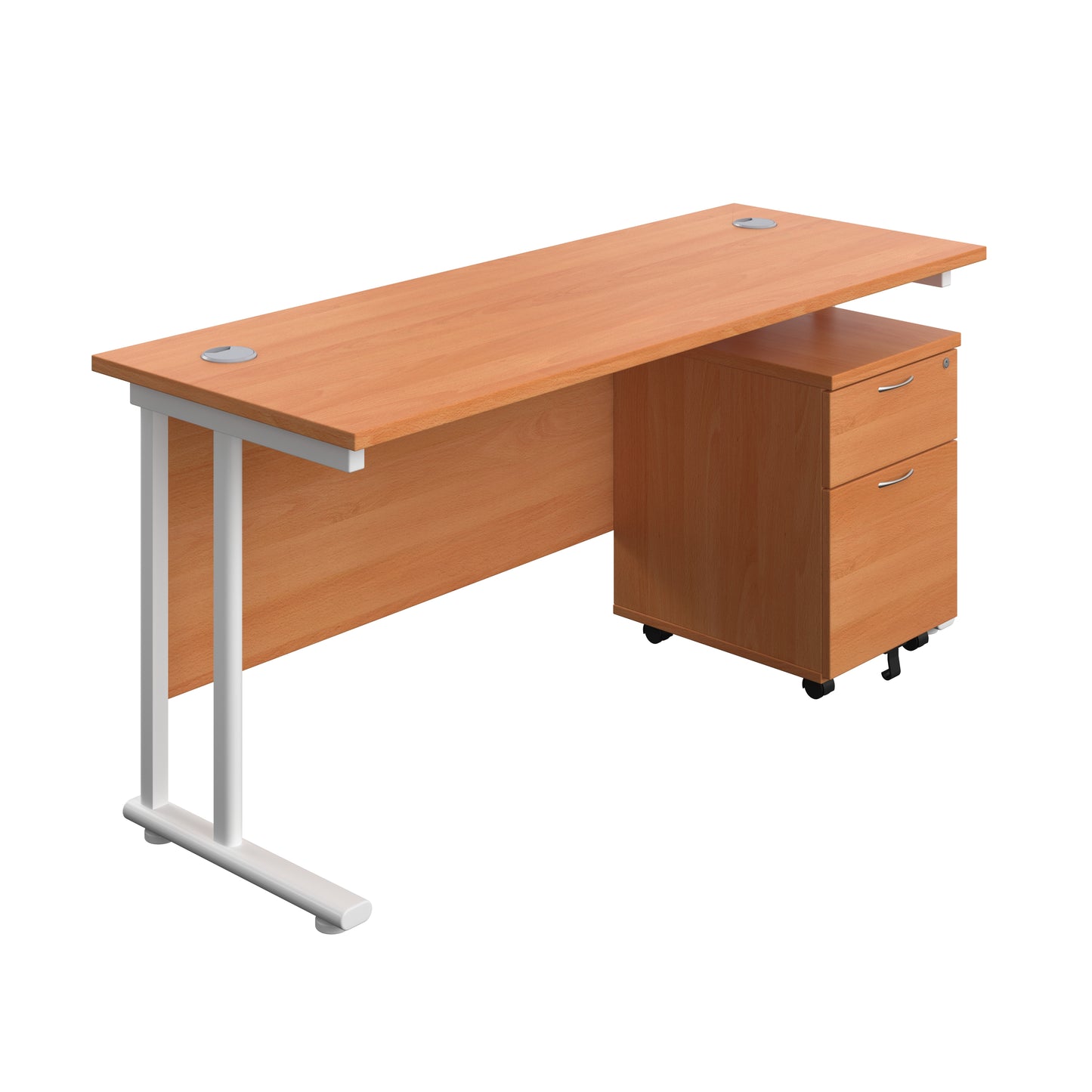 Aztec|Twin Upright|Rectangular Desk and Mobile 2 Drawer Pedestal|1600x600|Beech-White