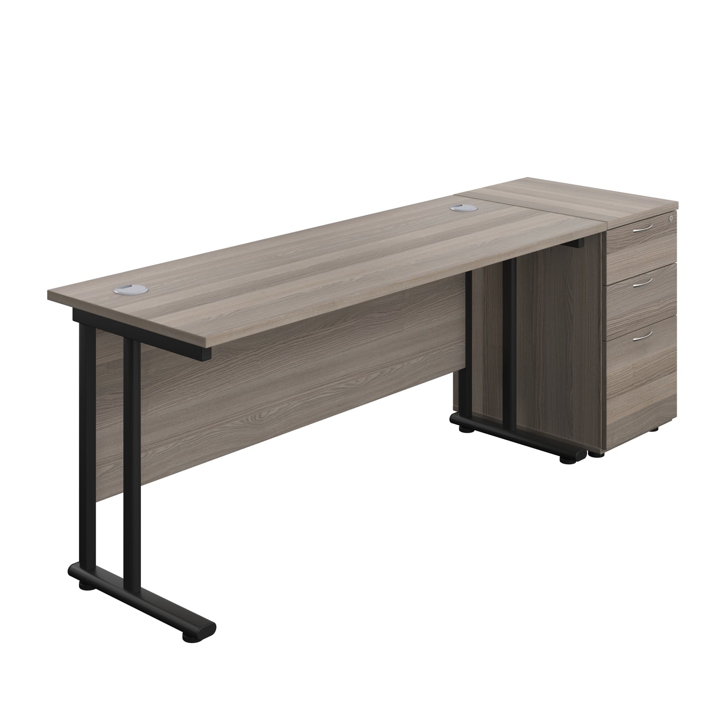 Aztec|Twin Upright|Rectangular Desk and Desk High 3 Drawer Pedestal|1600x600|Grey Oak-Black