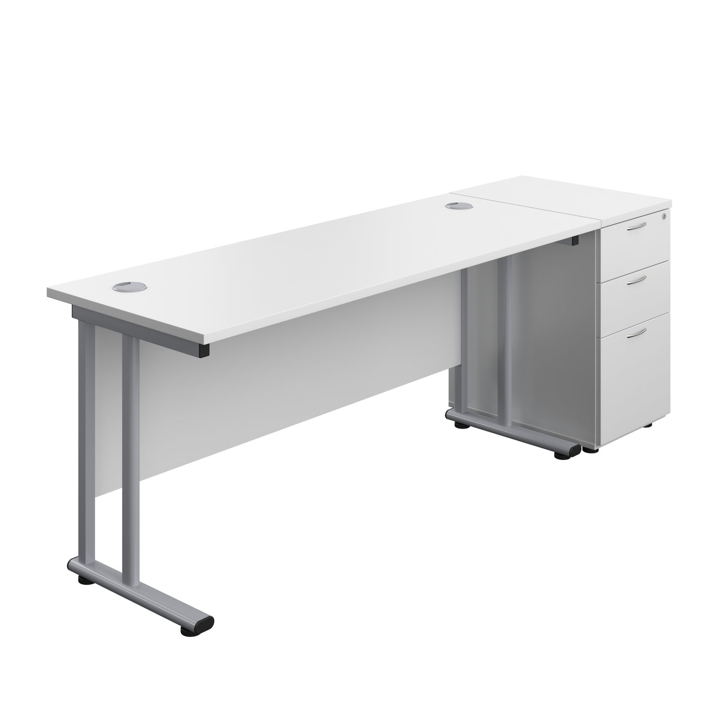Aztec|Twin Upright|Rectangular Desk and Desk High 3 Drawer Pedestal|1600x600|White-Silver