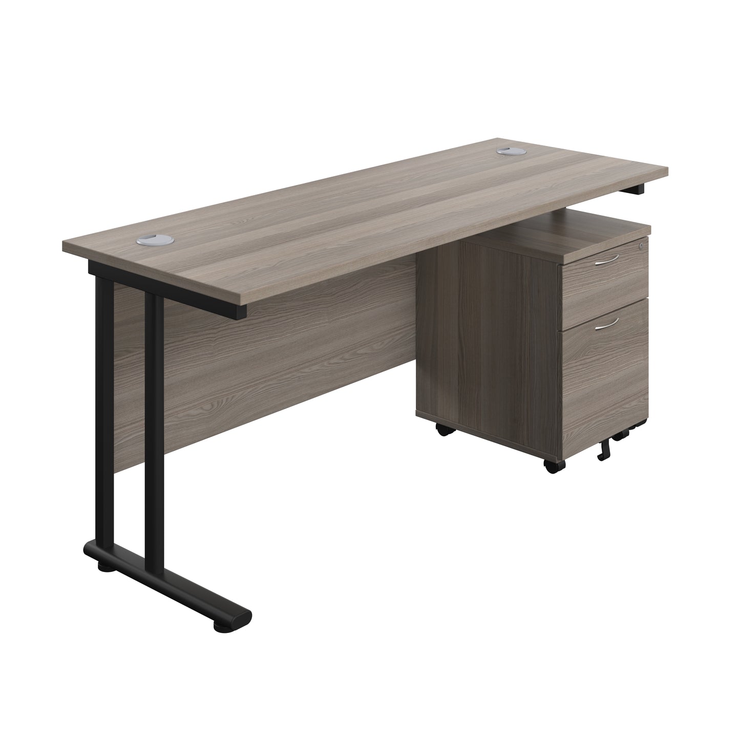 Aztec|Twin Upright|Rectangular Desk and Mobile 2 Drawer Pedestal|1600x600|Grey Oak-Black