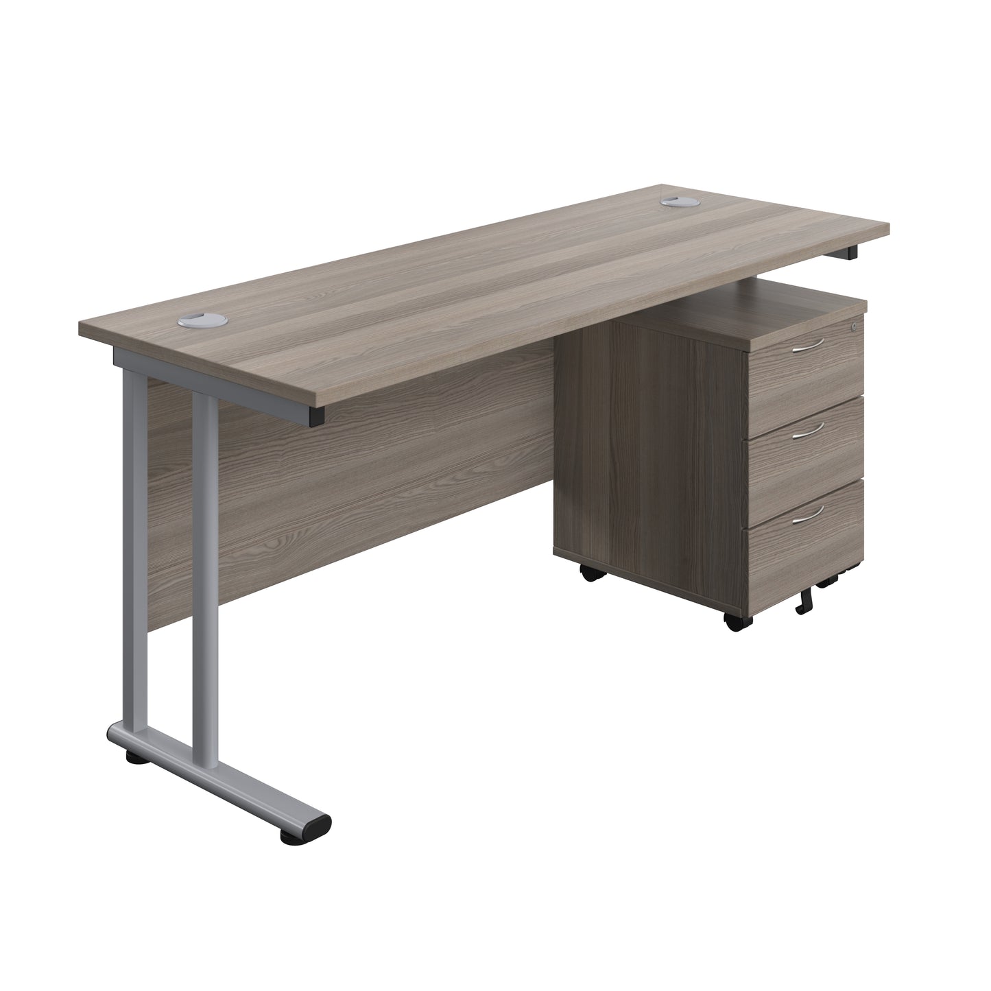 Aztec|Twin Upright|Rectangular Desk and Mobile 3 Drawer Pedestal|1600x600|Grey Oak-Silver