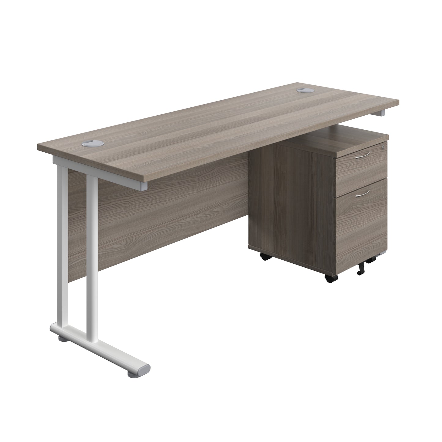 Aztec|Twin Upright|Rectangular Desk and Mobile 2 Drawer Pedestal|1600x600|Grey Oak-White