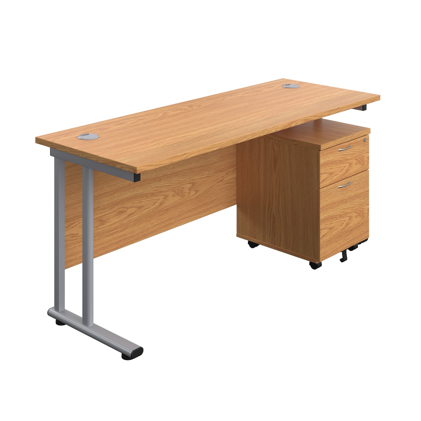 Aztec|Twin Upright|Rectangular Desk and Mobile 2 Drawer Pedestal|1600x600|Nova Oak-Silver