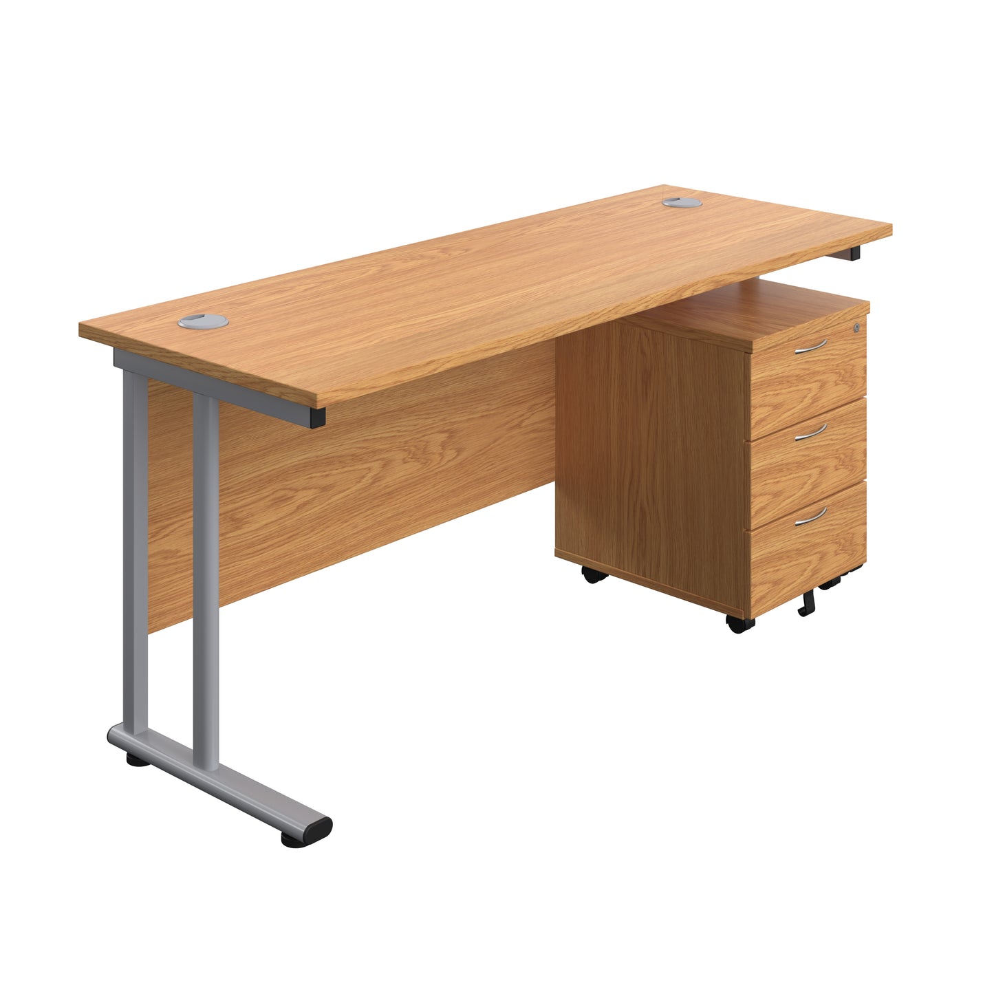 Aztec|Twin Upright|Rectangular Desk and Mobile 3 Drawer Pedestal|1600x600|Nova Oak-Silver