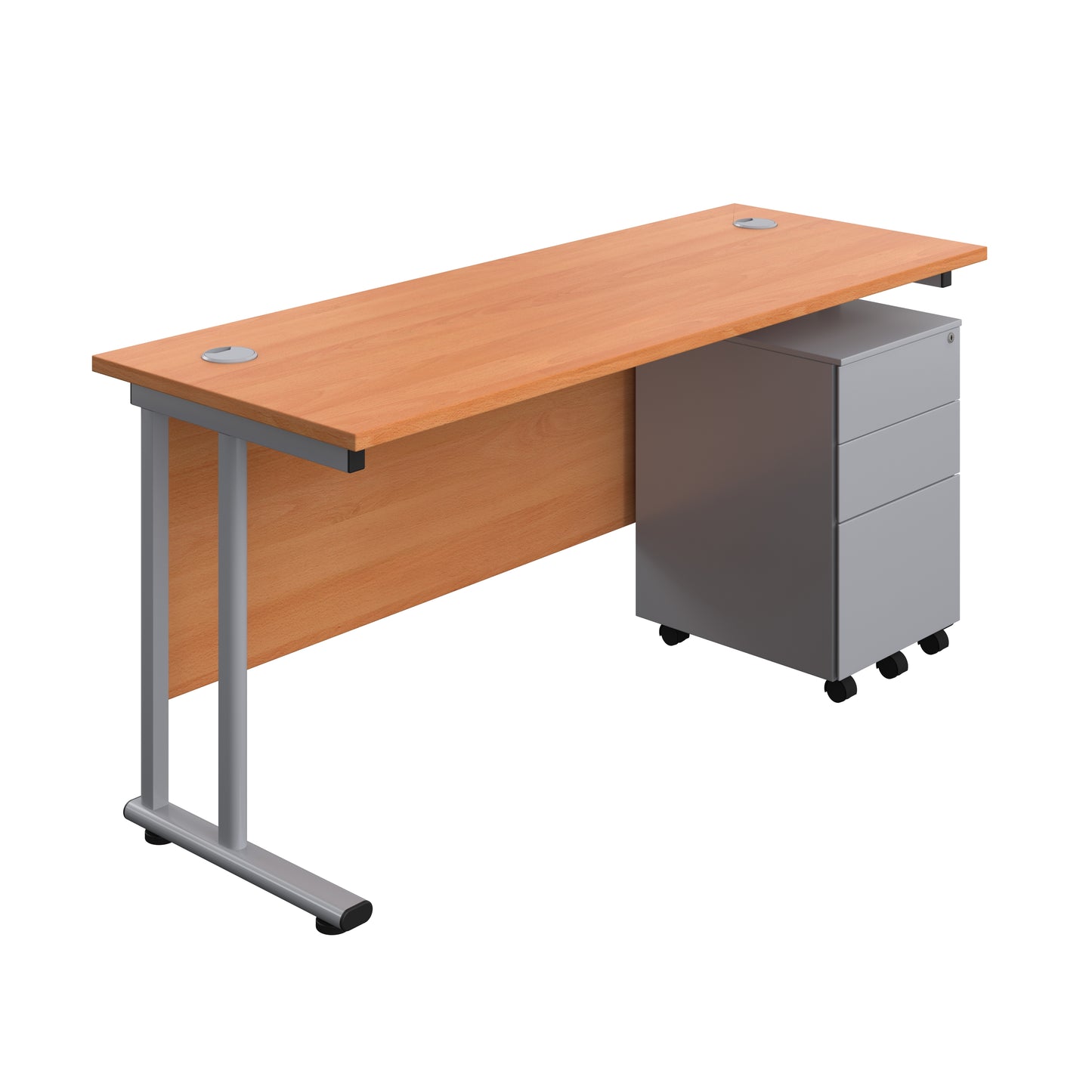 Aztec|Twin Upright|Rectangular Desk and Under Desk Steel Pedestal 3 Drawer|1600x600|Beech-Silver