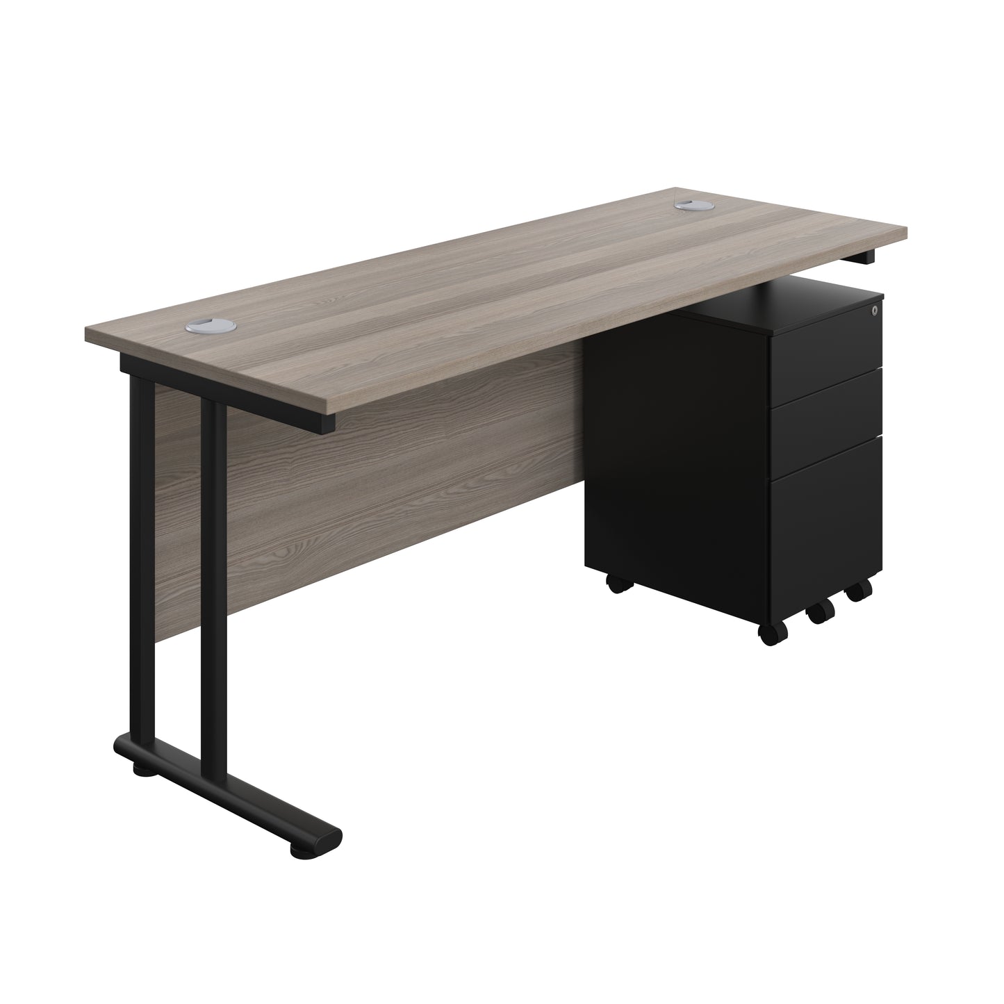 Aztec|Twin Upright|Rectangular Desk and Under Desk Steel Pedestal 3 Drawer|1600x600|Grey Oak-Black