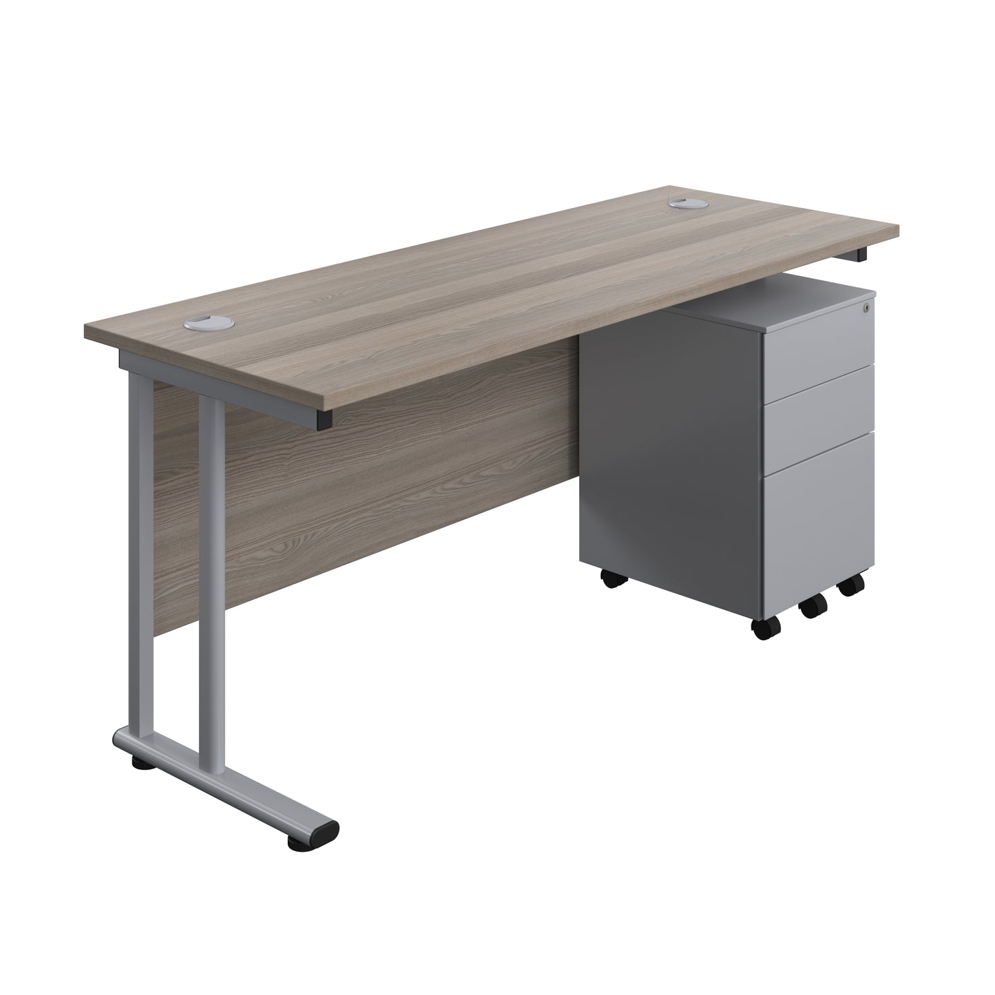 Aztec|Twin Upright|Rectangular Desk and Under Desk Steel Pedestal 3 Drawer|1600x600|Grey Oak-Silver