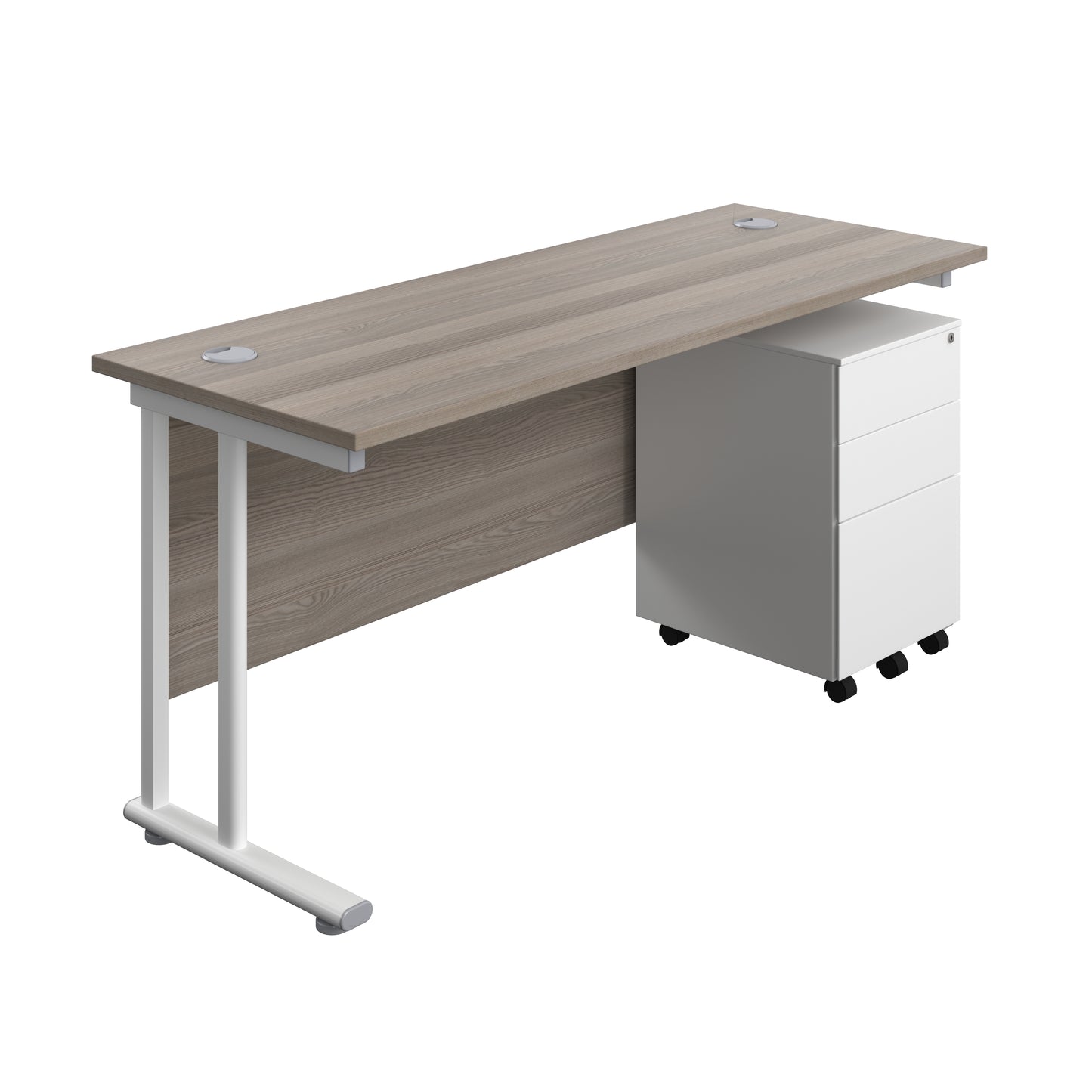 Aztec|Twin Upright|Rectangular Desk and Under Desk Steel Pedestal 3 Drawer|1600x600|Grey Oak-White