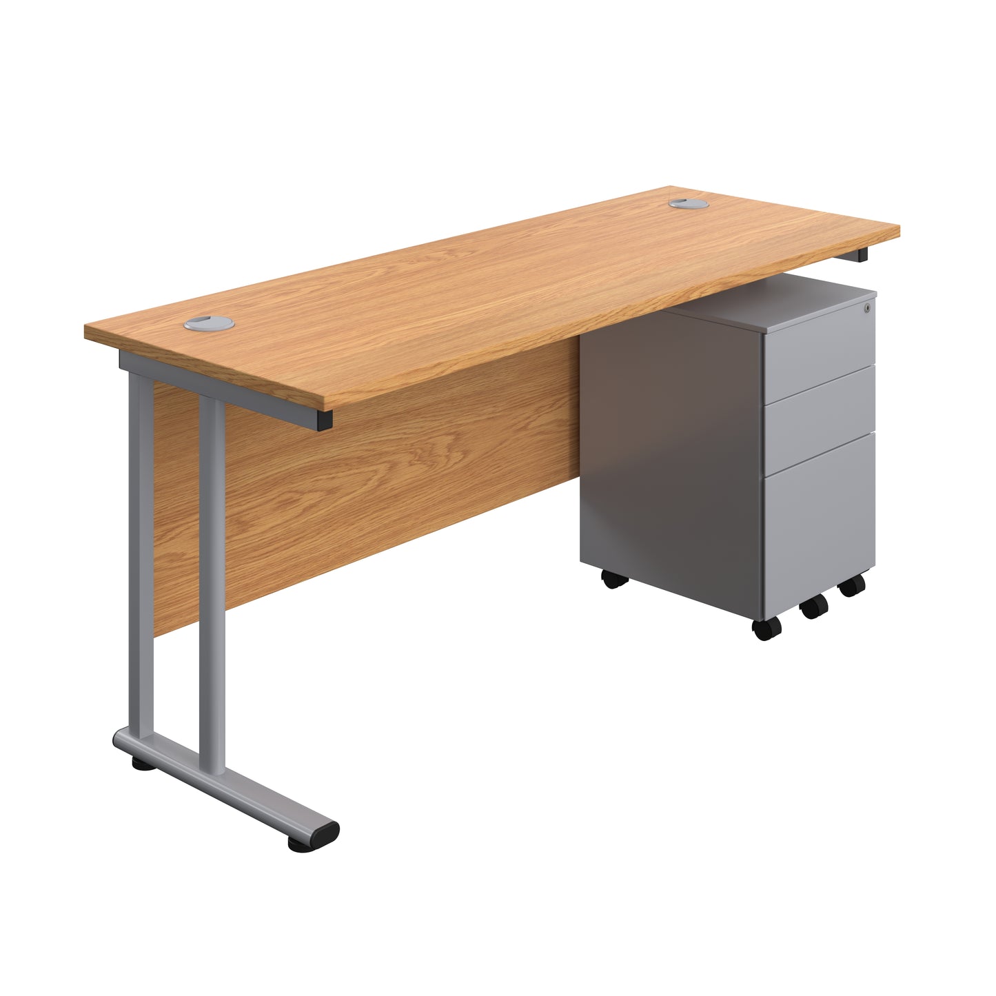 Aztec|Twin Upright|Rectangular Desk and Under Desk Steel Pedestal 3 Drawer|1600x600|Nova Oak-Silver