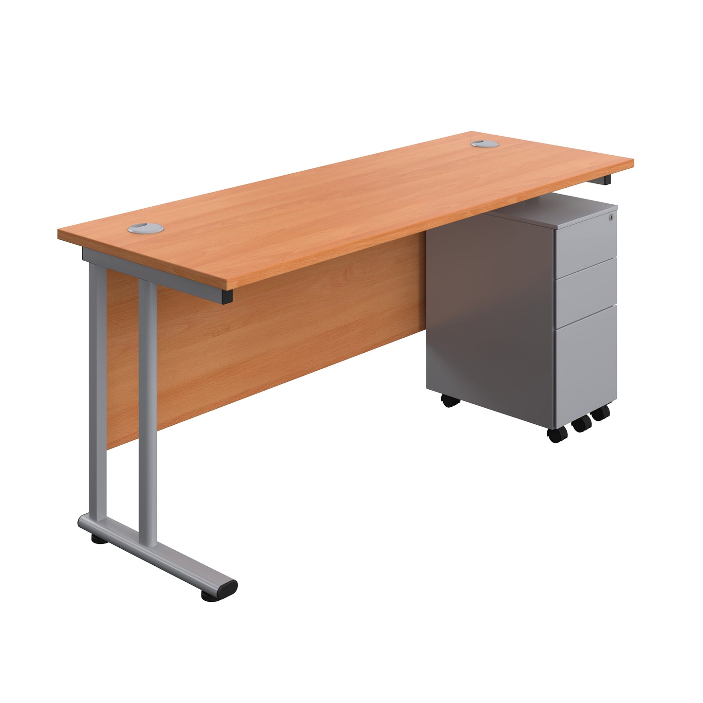 Aztec|Twin Upright|Rectangular Desk and Slimline Steel Pedestal 3 Drawer|1600x600|Beech-Silver