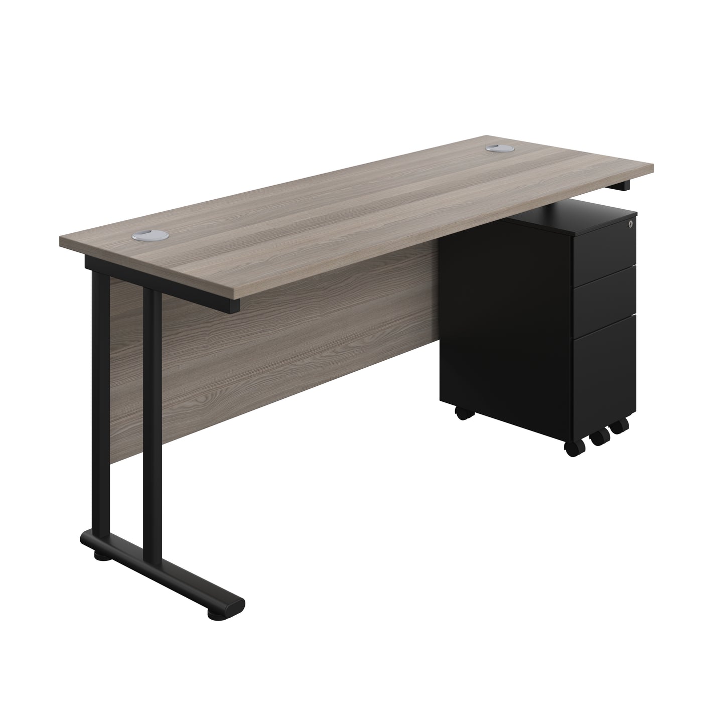 Aztec|Twin Upright|Rectangular Desk and Slimline Steel Pedestal 3 Drawer|1600x600|Grey Oak-Black