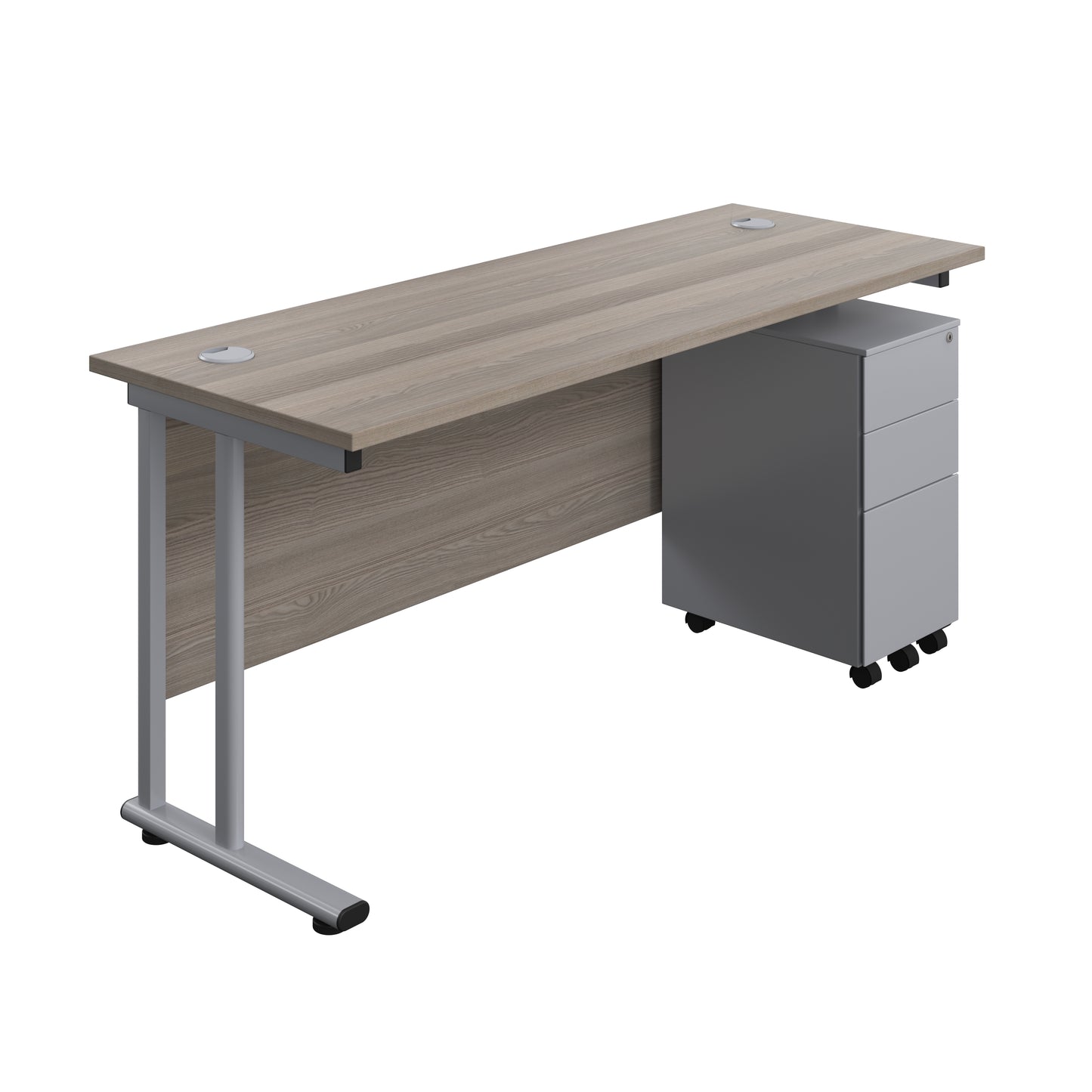 Aztec|Twin Upright|Rectangular Desk and Slimline Steel Pedestal 3 Drawer|1600x600|Grey Oak-Silver