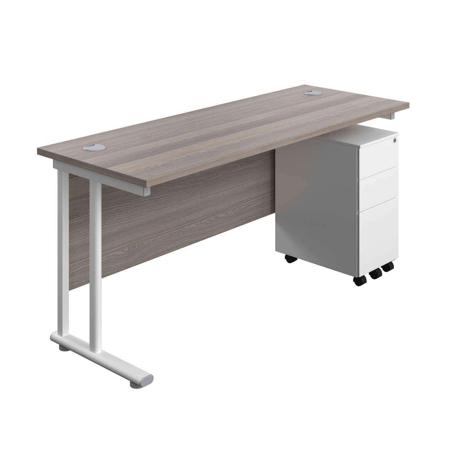 Aztec|Twin Upright|Rectangular Desk and Slimline Steel Pedestal 3 Drawer|1600x600|Grey Oak-White