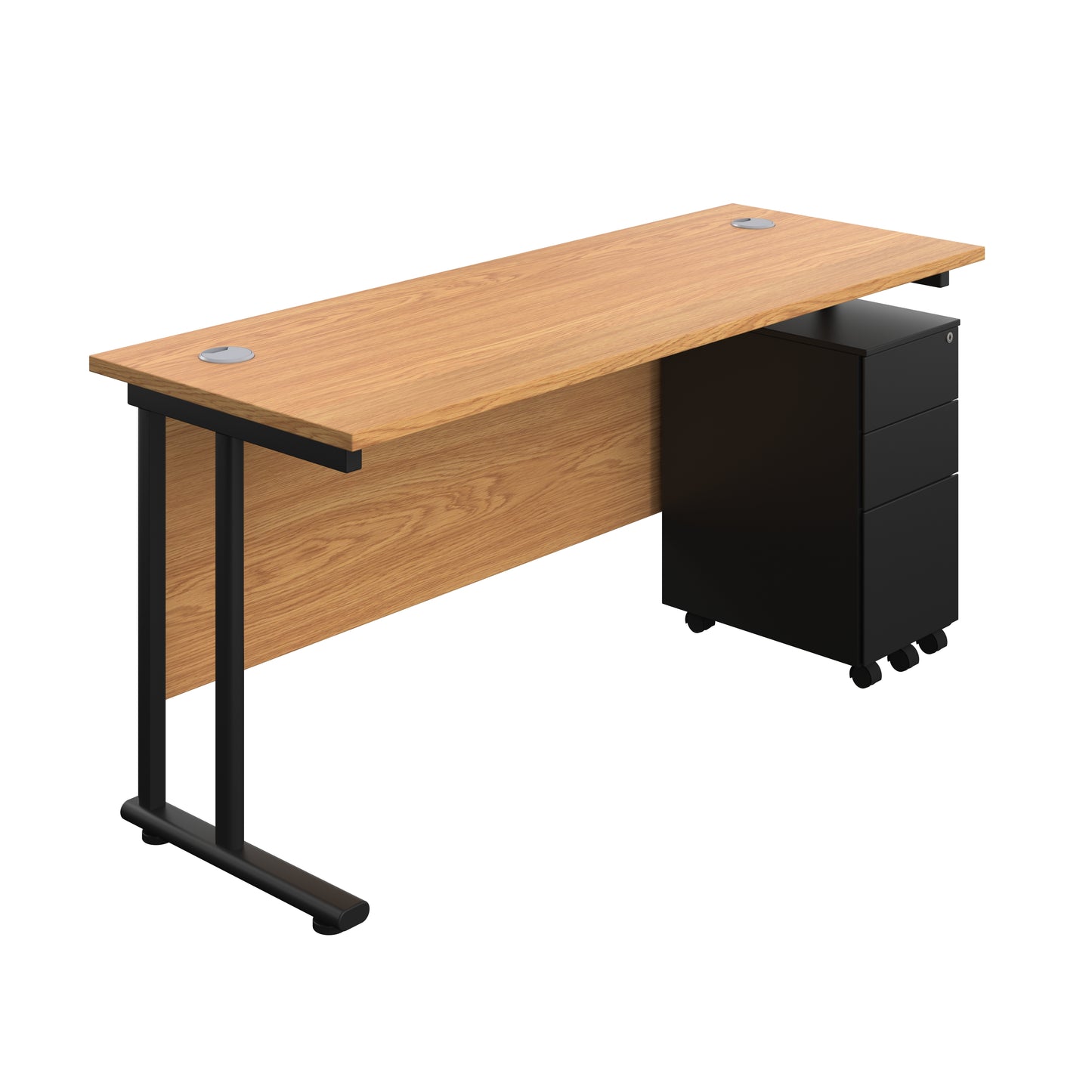 Aztec|Twin Upright|Rectangular Desk and Slimline Steel Pedestal 3 Drawer|1600x600|Nova Oak-Black