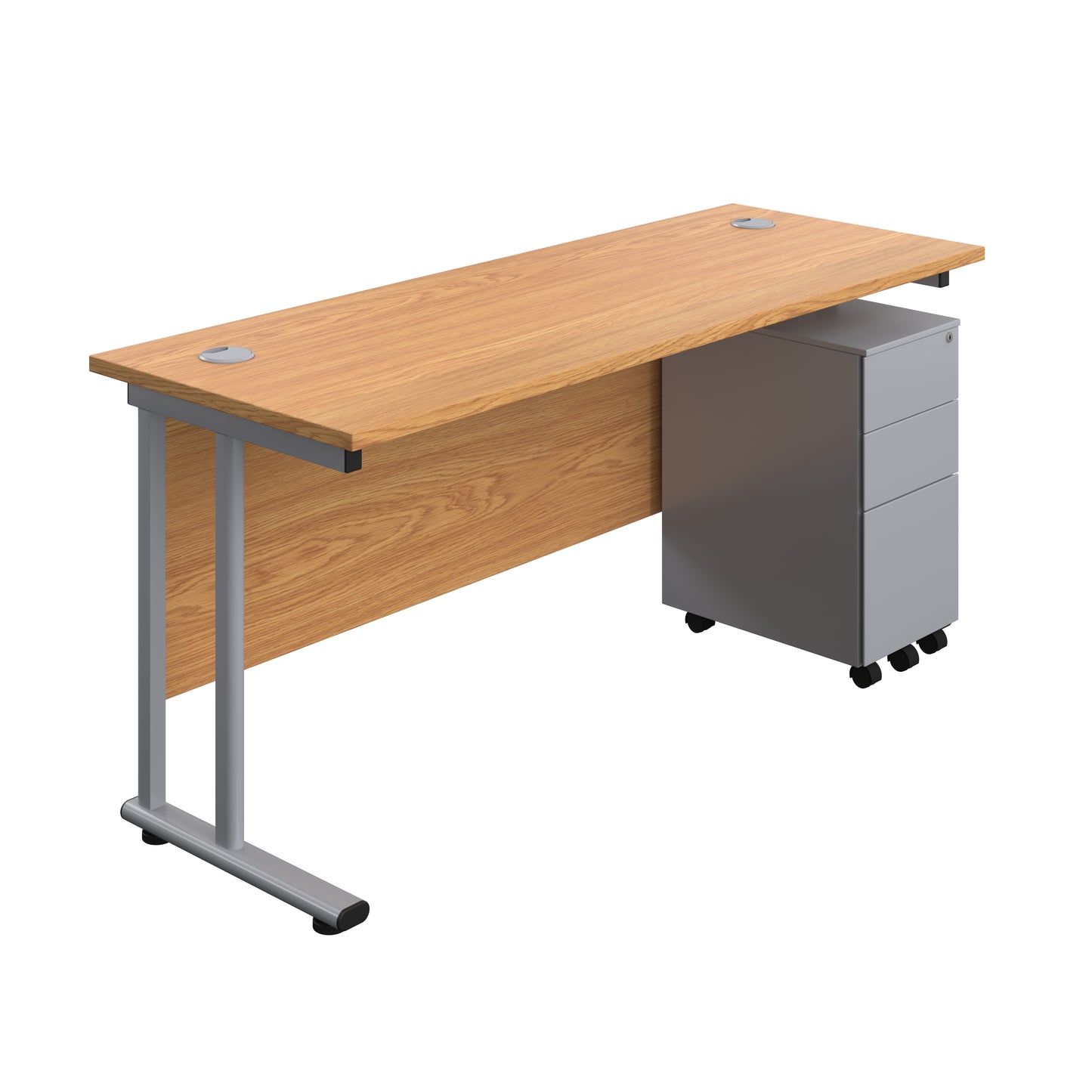 Aztec|Twin Upright|Rectangular Desk and Slimline Steel Pedestal 3 Drawer|1600x600|Nova Oak-Silver