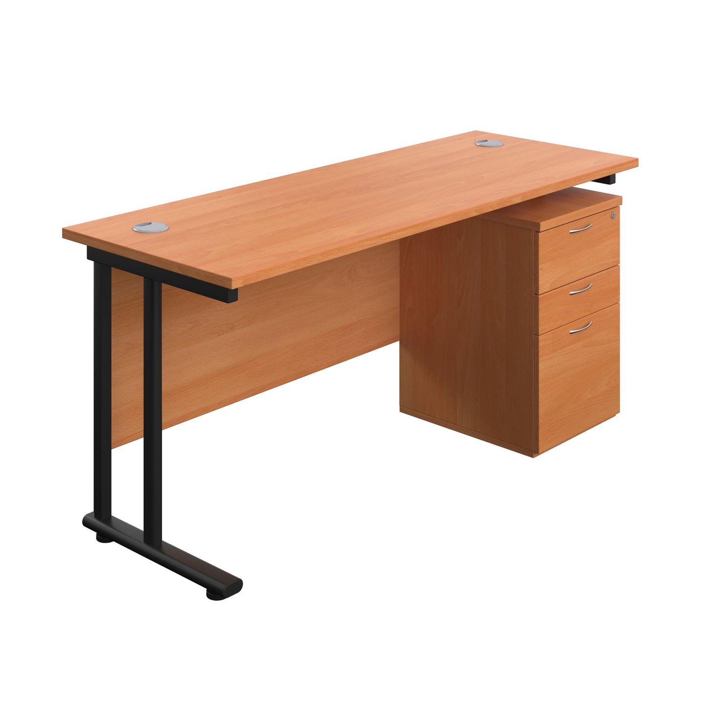 Aztec|Twin Upright|Rectangular Desk and High Mobile Pedestal 3 Drawer|1600x600|Beech-Black