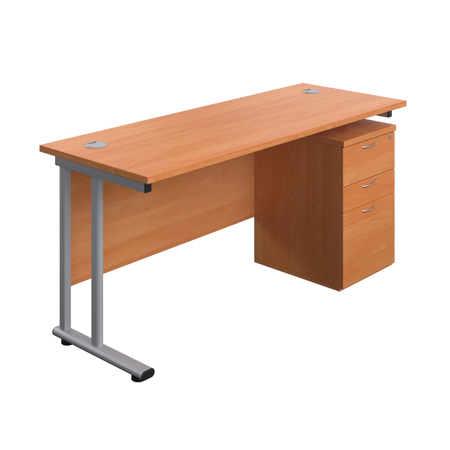 Aztec|Twin Upright|Rectangular Desk and High Mobile Pedestal 3 Drawer|1600x600|Beech-Silver