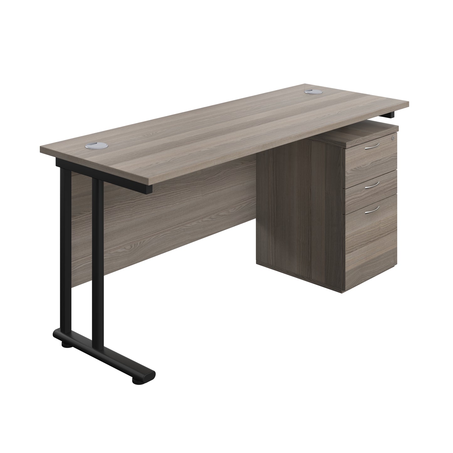 Aztec|Twin Upright|Rectangular Desk and High Mobile Pedestal 3 Drawer|1600x600|Grey Oak-Black