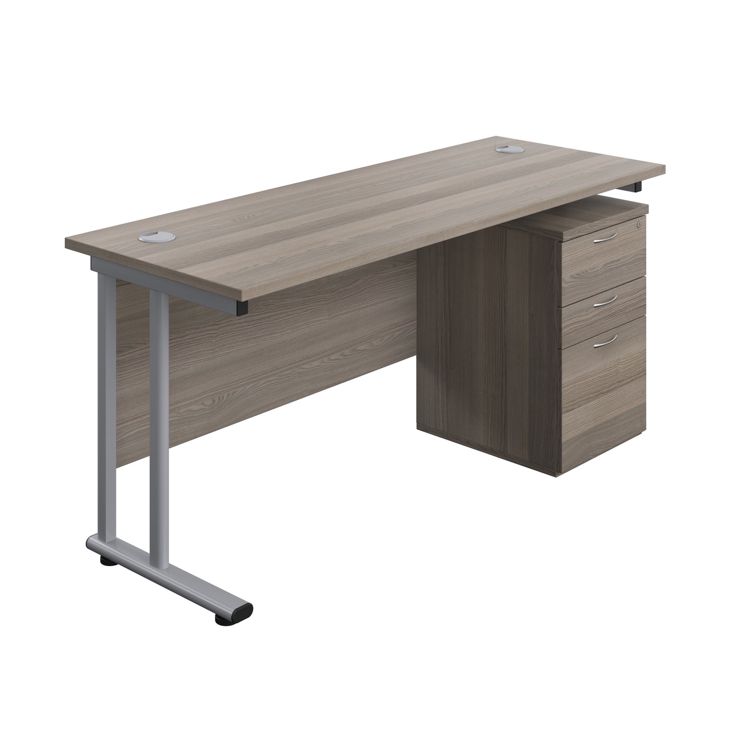 Aztec|Twin Upright|Rectangular Desk and High Mobile Pedestal 3 Drawer|1600x600|Grey Oak-Silver