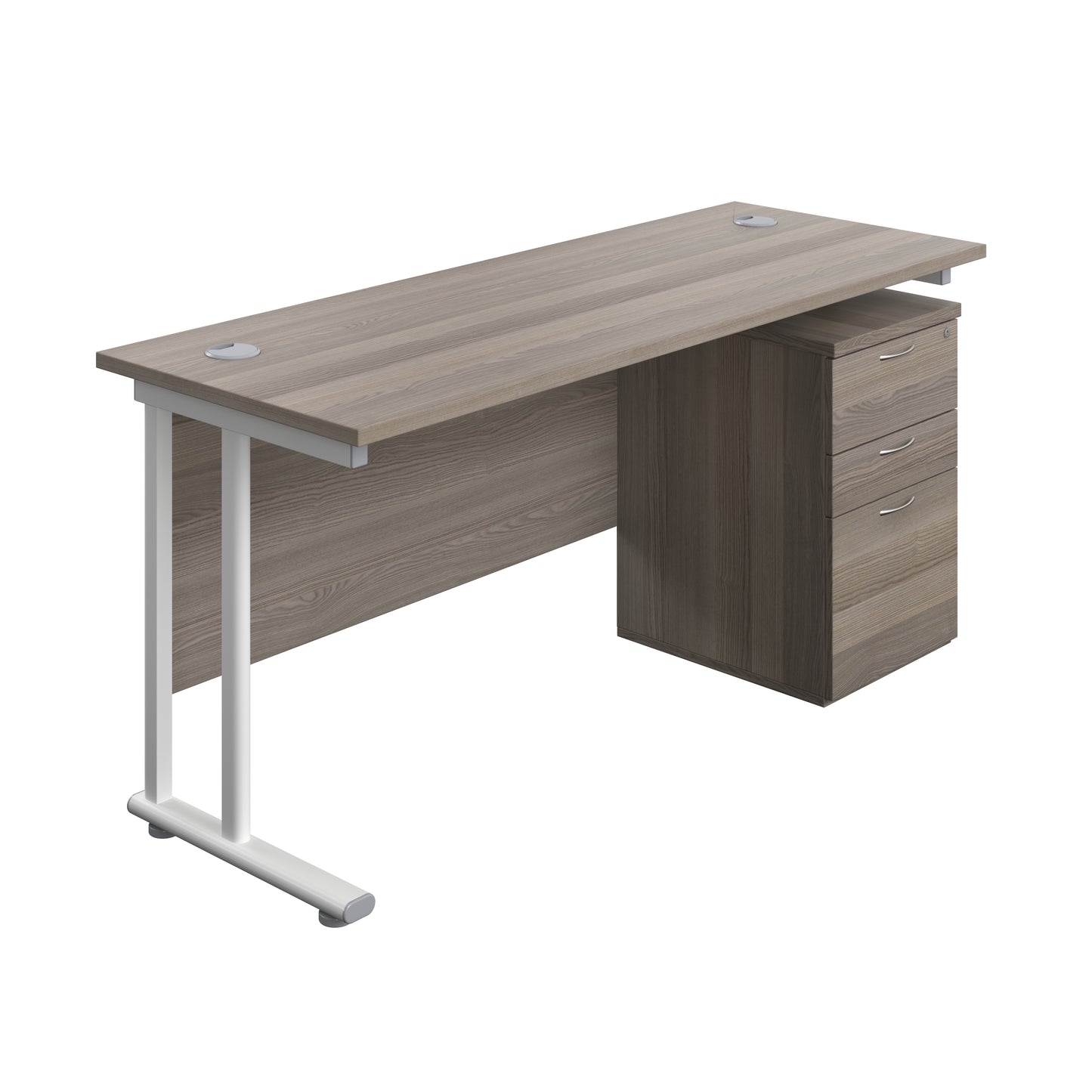 Aztec|Twin Upright|Rectangular Desk and High Mobile Pedestal 3 Drawer|1600x600|Grey Oak-White