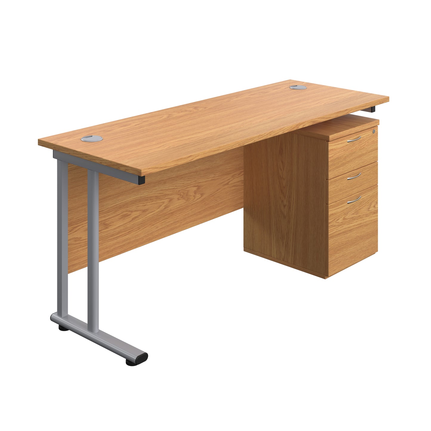 Aztec|Twin Upright|Rectangular Desk and High Mobile Pedestal 3 Drawer|1600x600|Nova Oak-Silver