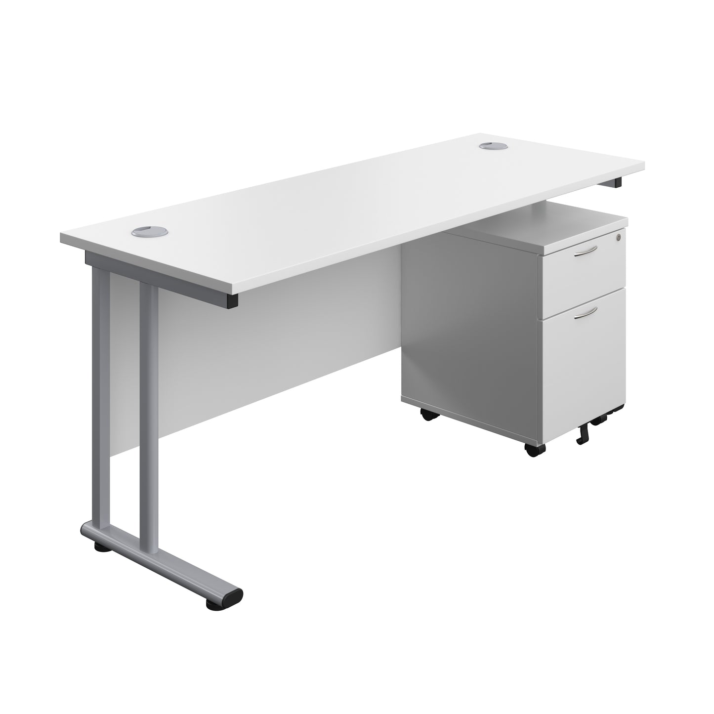 Aztec|Twin Upright|Rectangular Desk and Mobile 2 Drawer Pedestal|1600x600|White-Silver