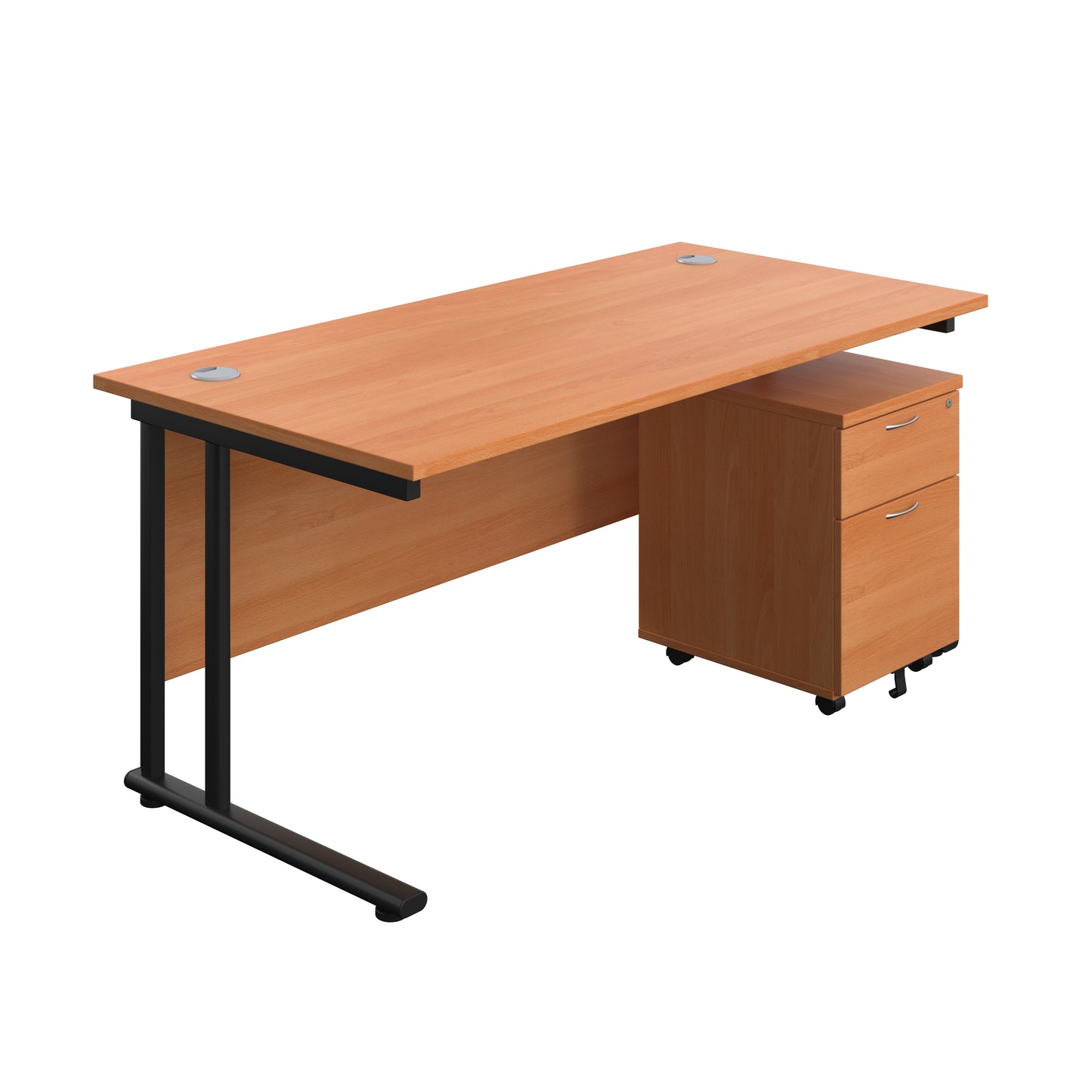 Aztec|Twin Upright|Rectangular Desk and Mobile 2 Drawer Pedestal|1600x800|Beech-Black