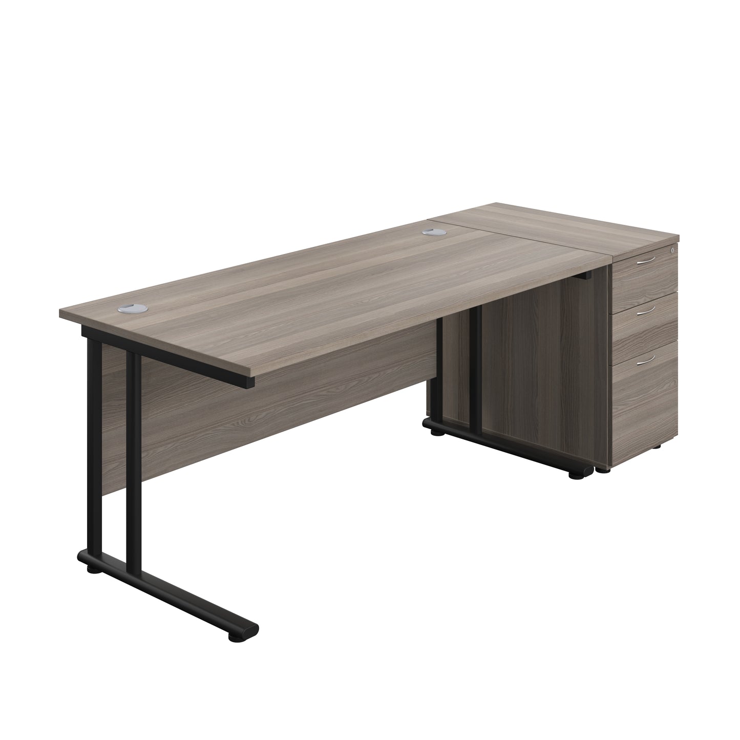 Aztec|Twin Upright|Rectangular Desk and Desk High 3 Drawer Pedestal|1600x800|Grey Oak-Black