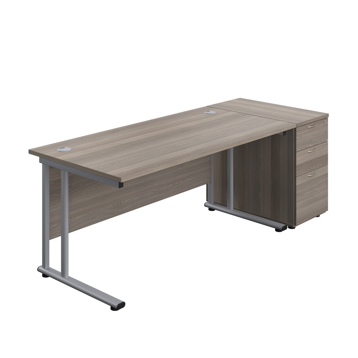 Aztec|Twin Upright|Rectangular Desk and Desk High 3 Drawer Pedestal|1600x800|Grey Oak-Silver