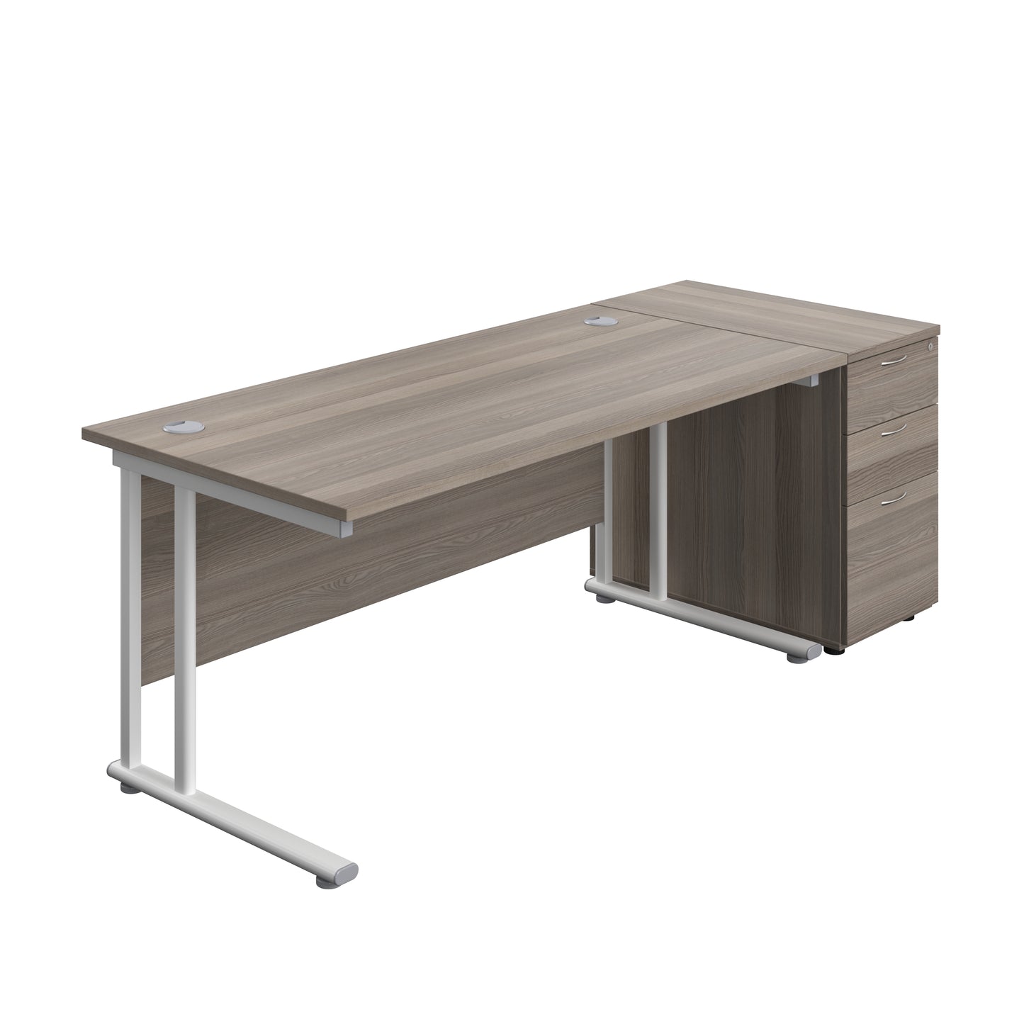 Aztec|Twin Upright|Rectangular Desk and Desk High 3 Drawer Pedestal|1600x800|Grey Oak-White
