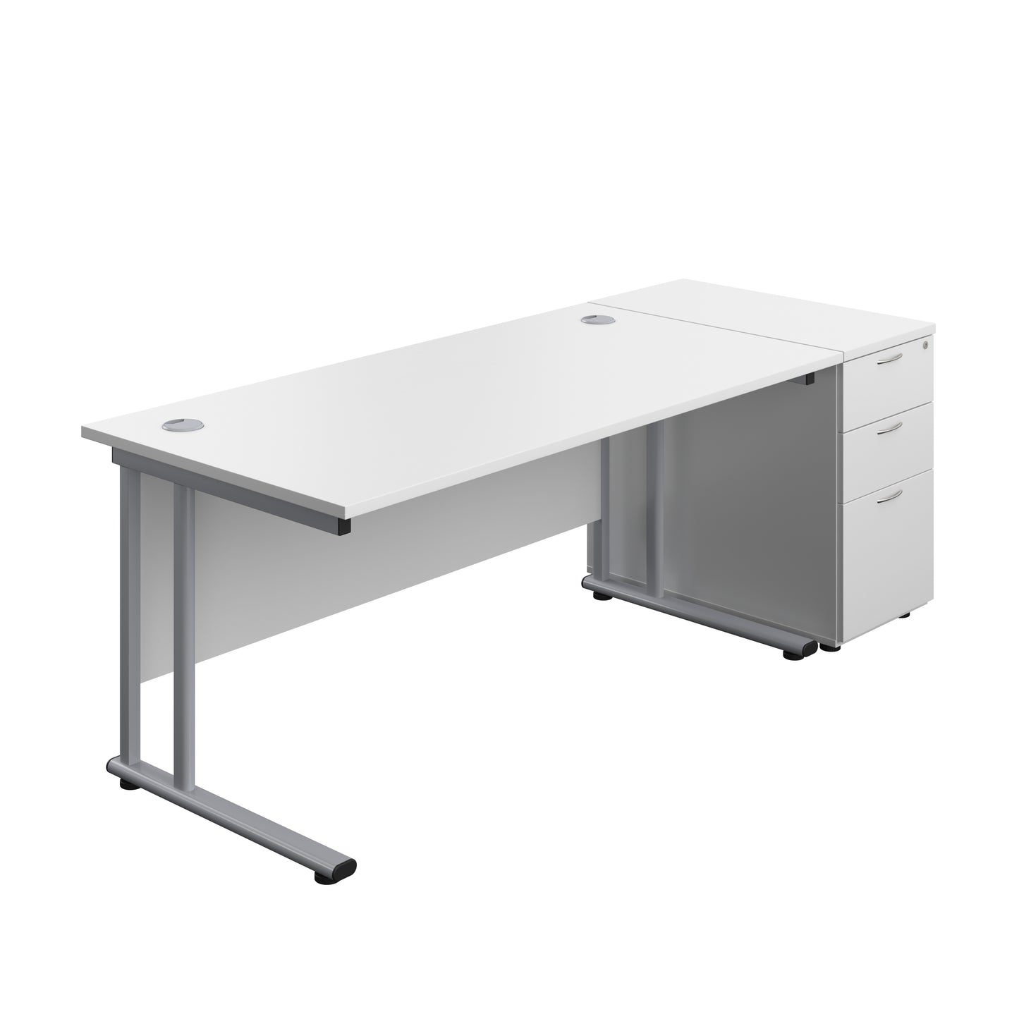 Aztec|Twin Upright|Rectangular Desk and Desk High 3 Drawer Pedestal|1600x800|White-Silver