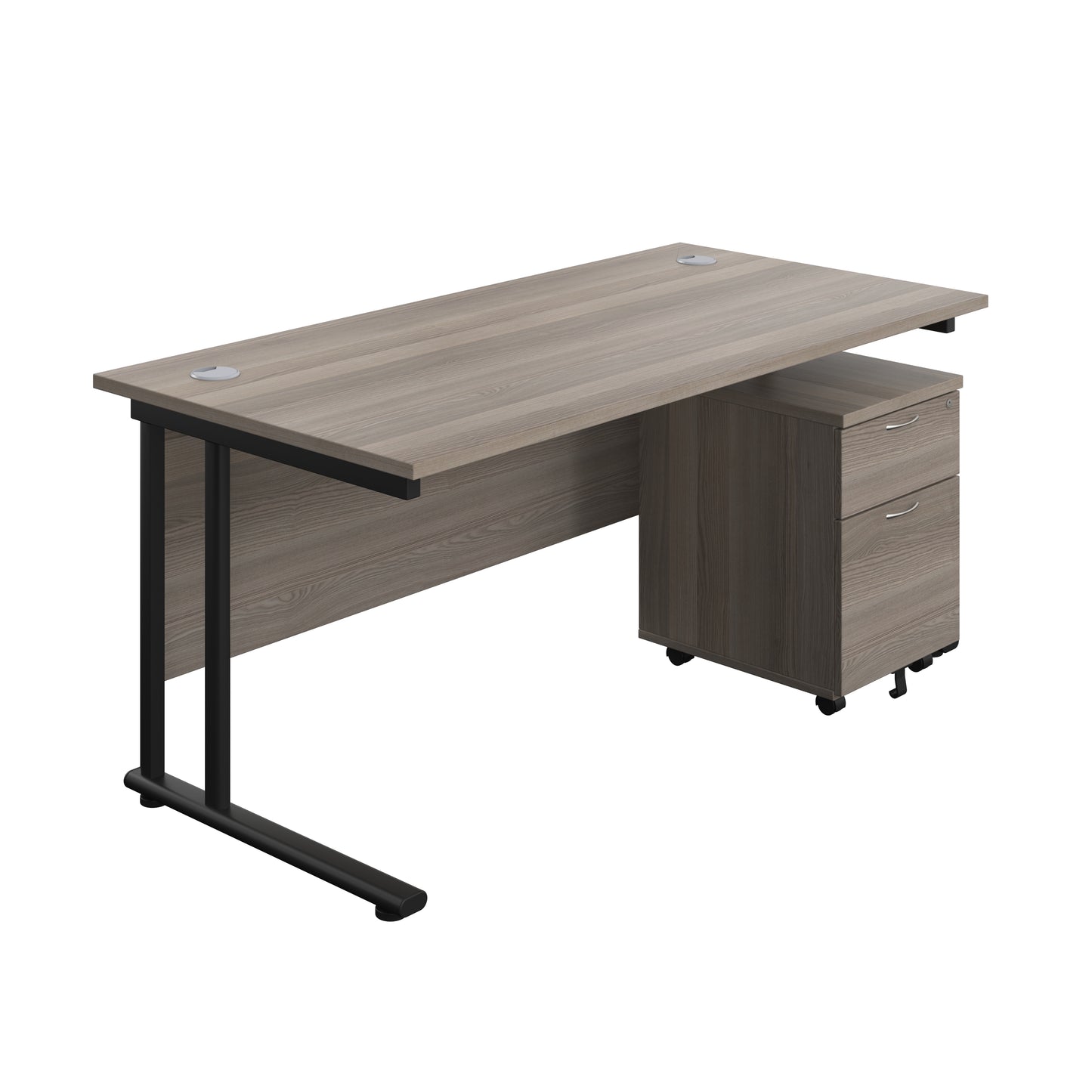 Aztec|Twin Upright|Rectangular Desk and Mobile 2 Drawer Pedestal|1600x800|Grey Oak-Black