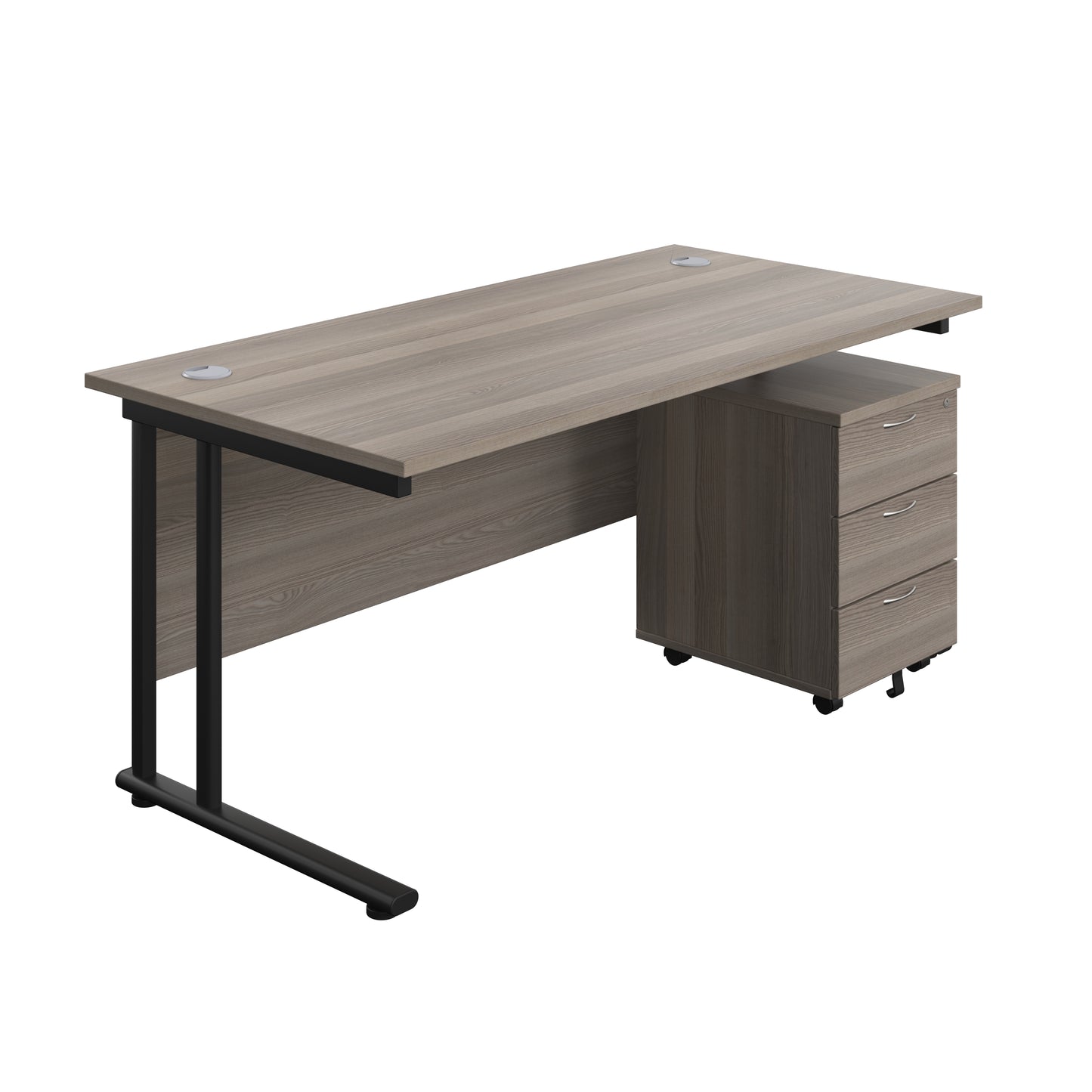 Aztec|Twin Upright|Rectangular Desk and Mobile 3 Drawer Pedestal|1600x800|Grey Oak-Black