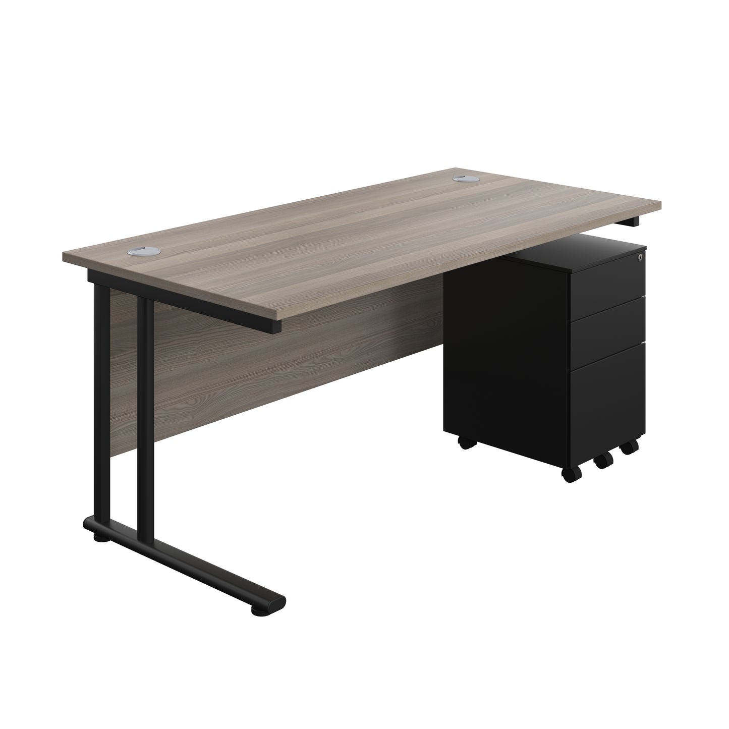 Aztec|Twin Upright|Rectangular Desk and Under Desk Steel Pedestal 3 Drawer|1600x800|Grey Oak-Black