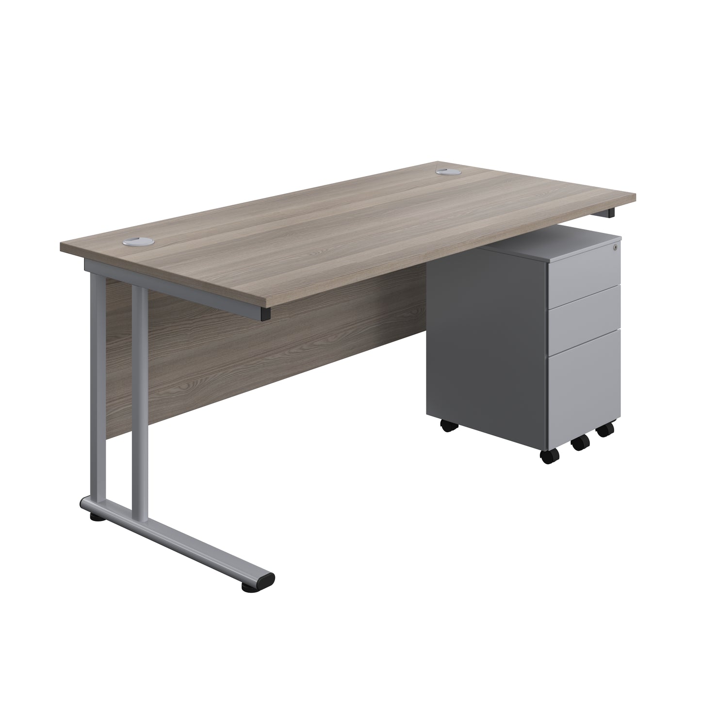Aztec|Twin Upright|Rectangular Desk and Under Desk Steel Pedestal 3 Drawer|1600x800|Grey Oak-Silver