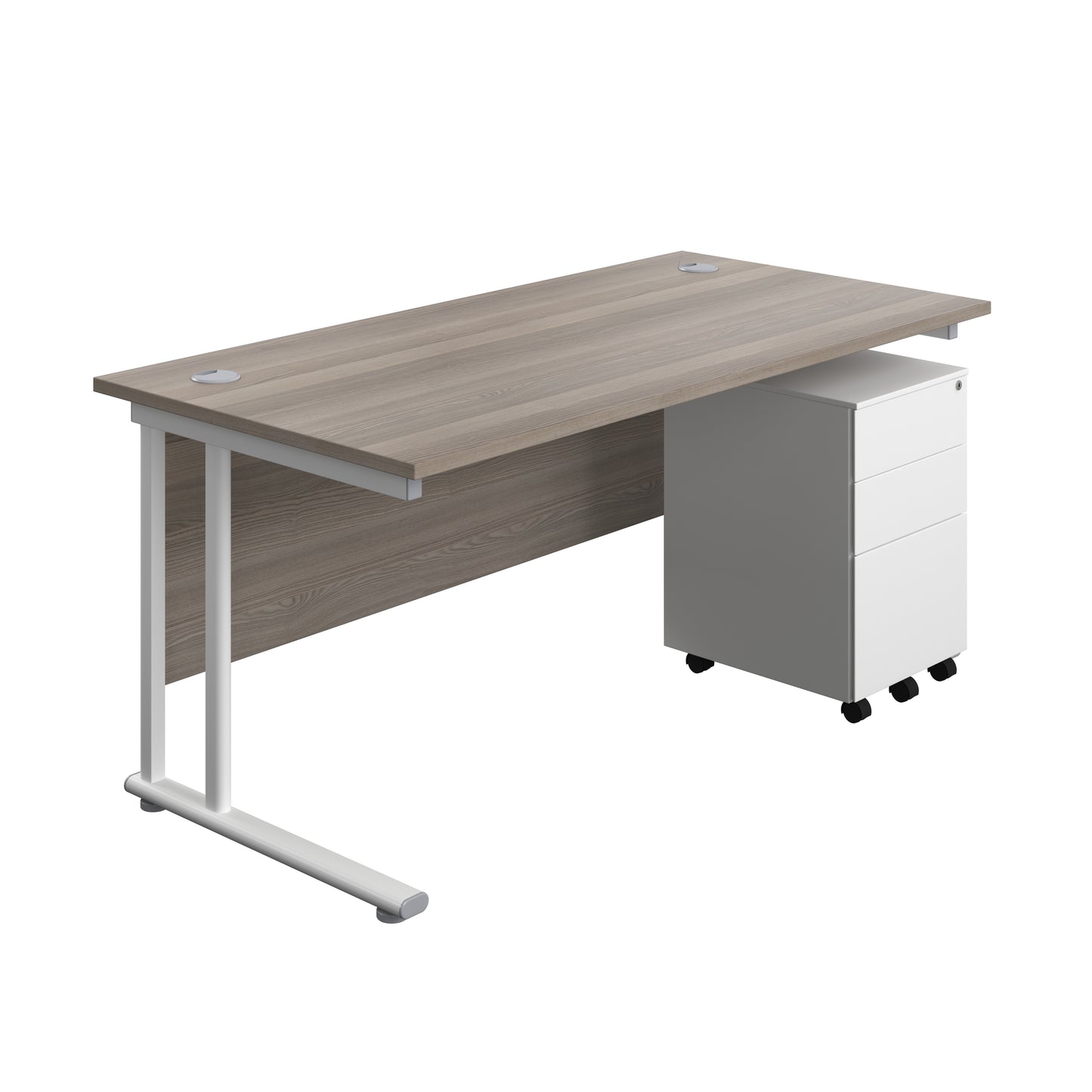 Aztec|Twin Upright|Rectangular Desk and Under Desk Steel Pedestal 3 Drawer|1600x800|Grey Oak-White