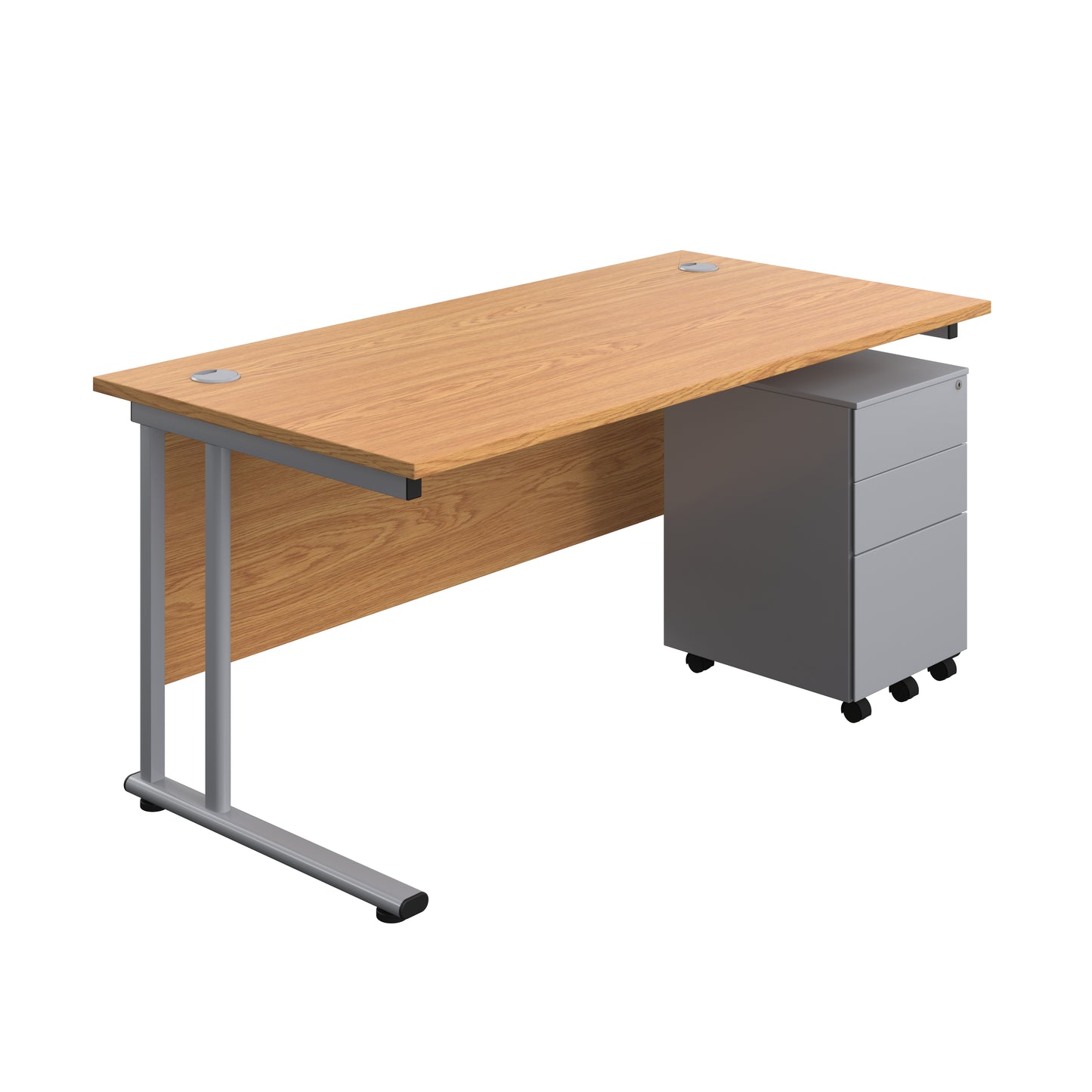 Aztec|Twin Upright|Rectangular Desk and Under Desk Steel Pedestal 3 Drawer|1600x800|Nova Oak-Silver