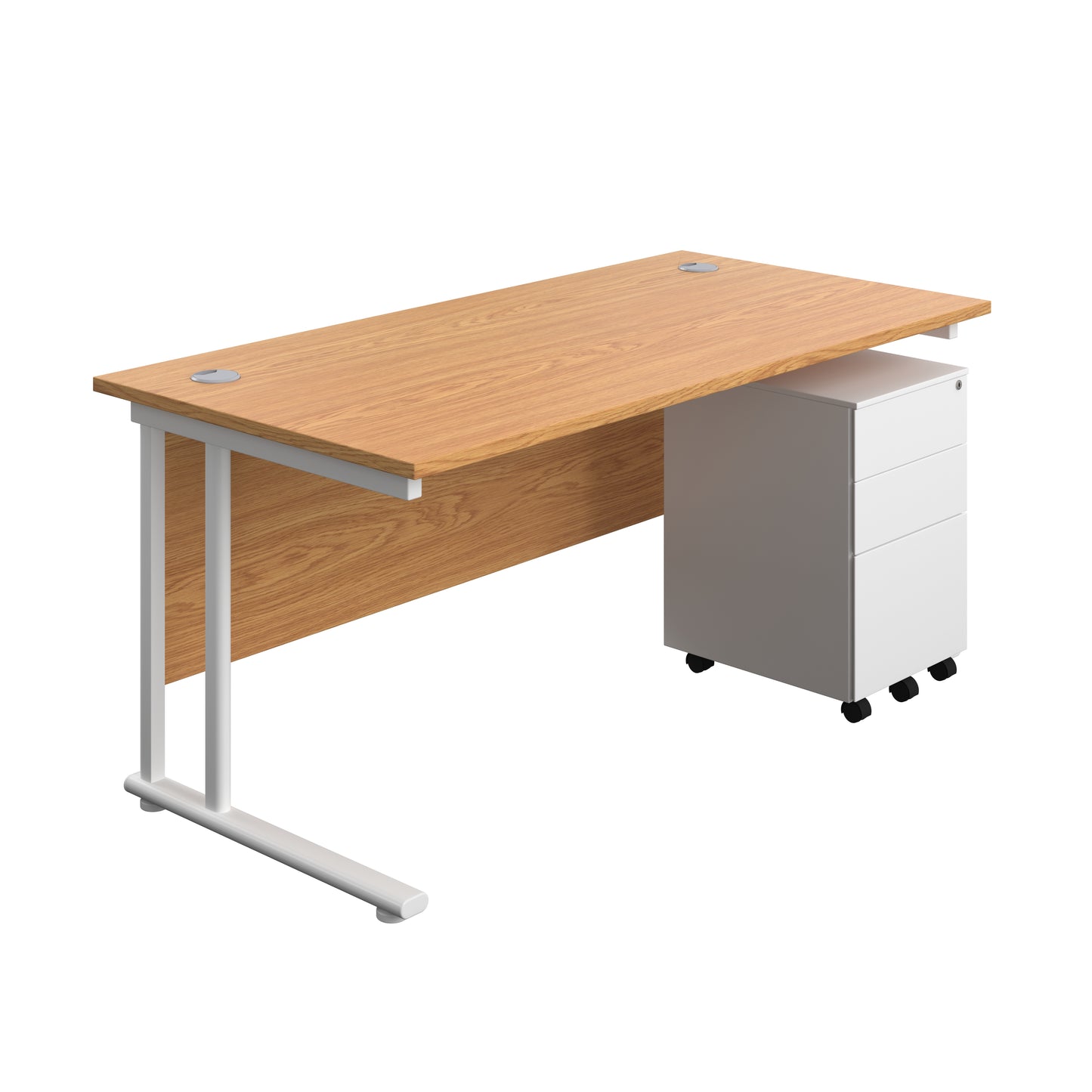 Aztec|Twin Upright|Rectangular Desk and Under Desk Steel Pedestal 3 Drawer|1600x800|Nova Oak-White