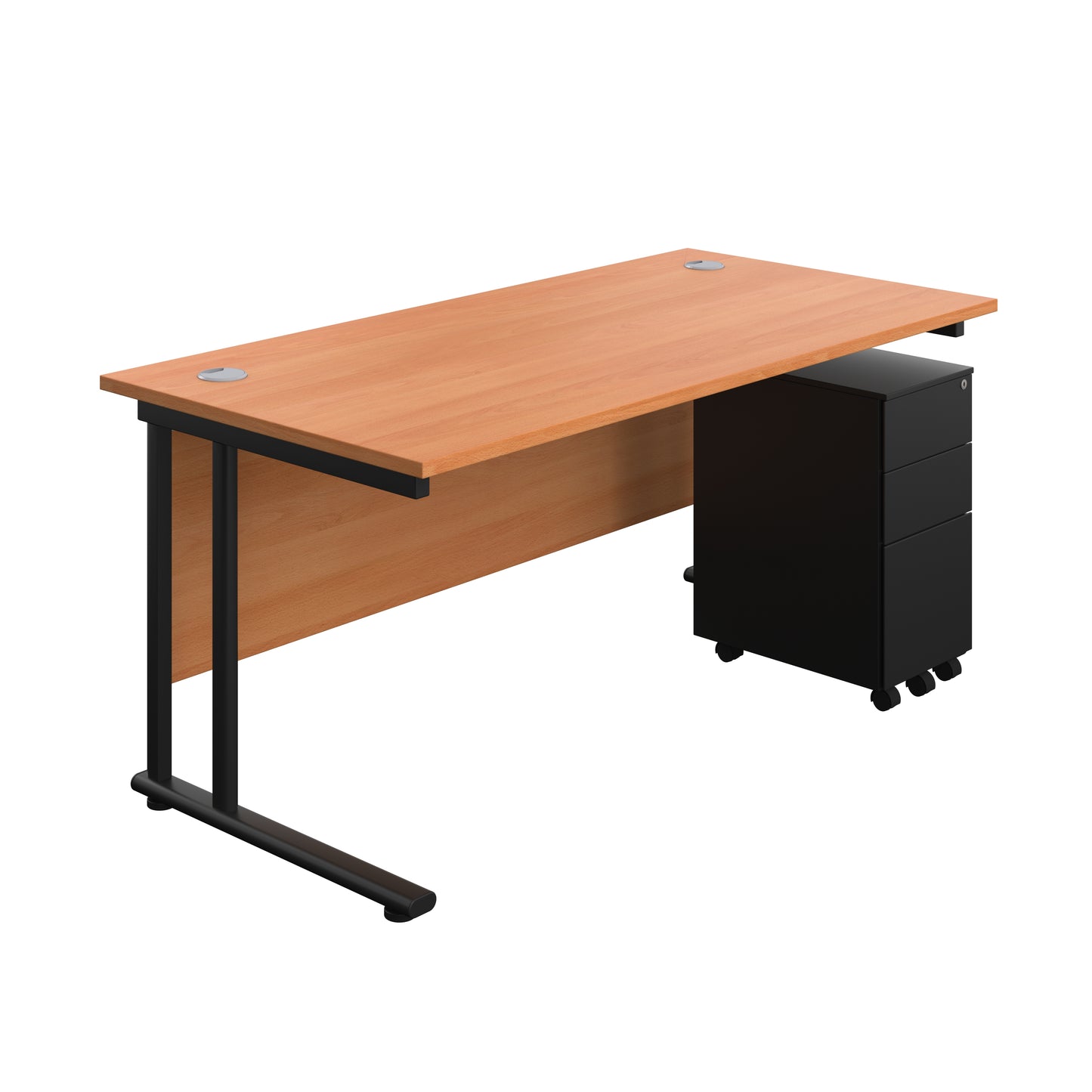 Aztec|Twin Upright|Rectangular Desk and Slimline Steel Pedestal 3 Drawer|1600x800|Beech-Black