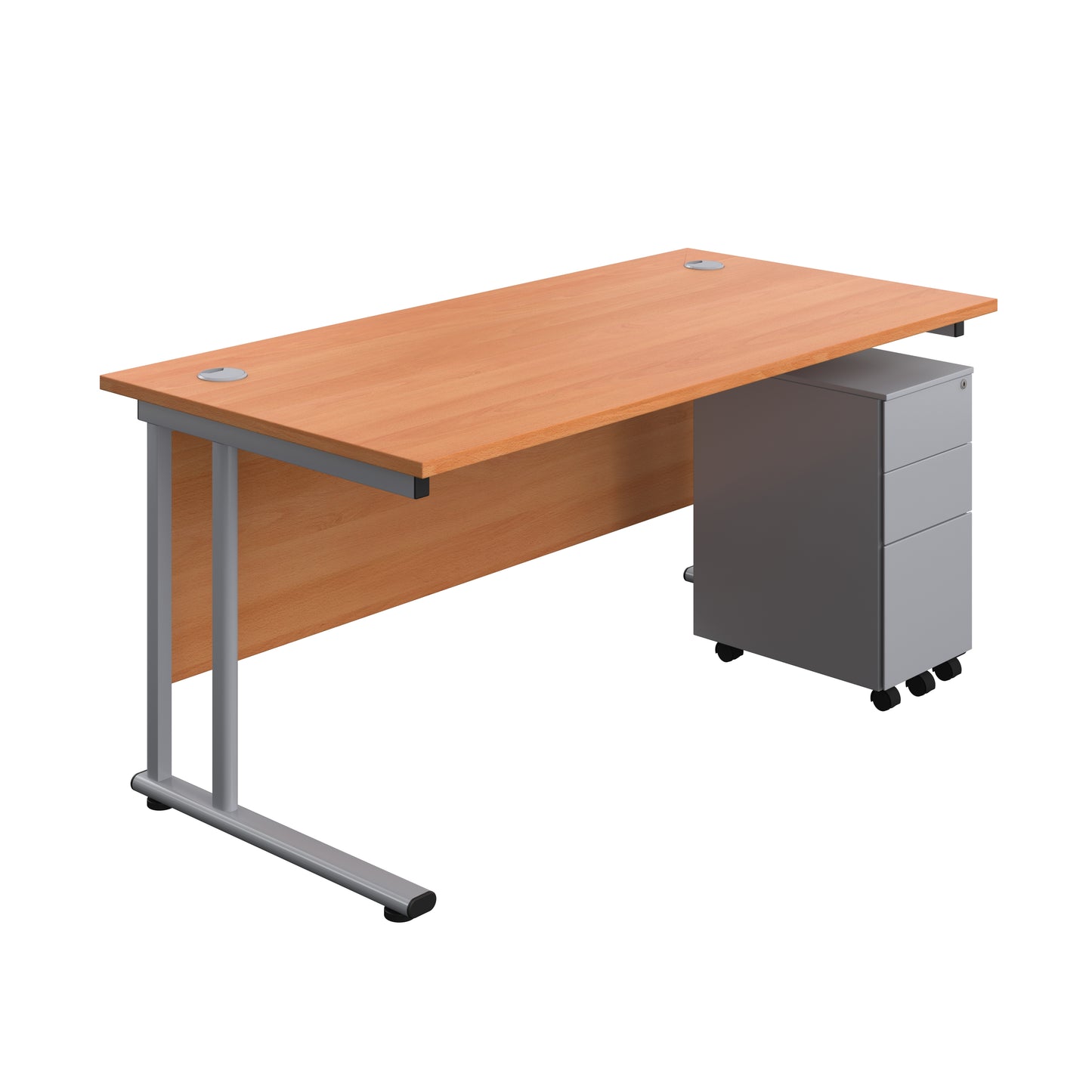Aztec|Twin Upright|Rectangular Desk and Slimline Steel Pedestal 3 Drawer|1600x800|Beech-Silver