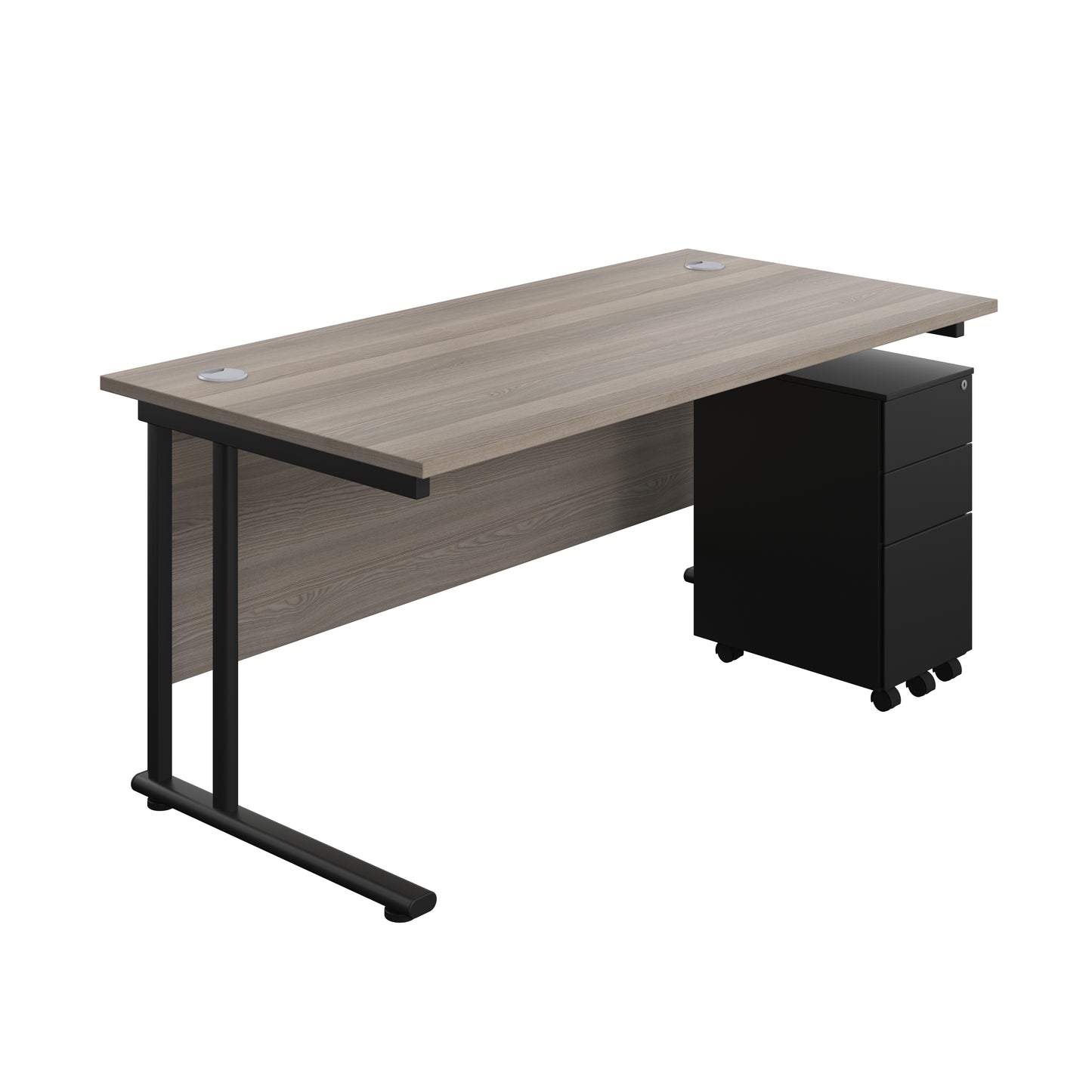 Aztec|Twin Upright|Rectangular Desk and Slimline Steel Pedestal 3 Drawer|1600x800|Grey Oak-Black