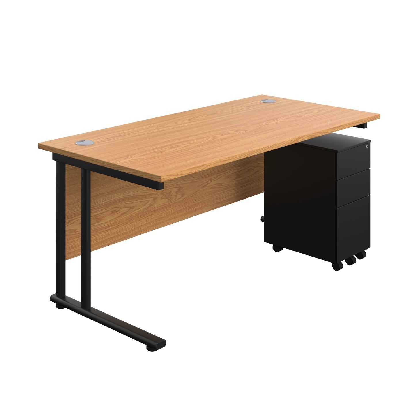 Aztec|Twin Upright|Rectangular Desk and Slimline Steel Pedestal 3 Drawer|1600x800|Nova Oak-Black