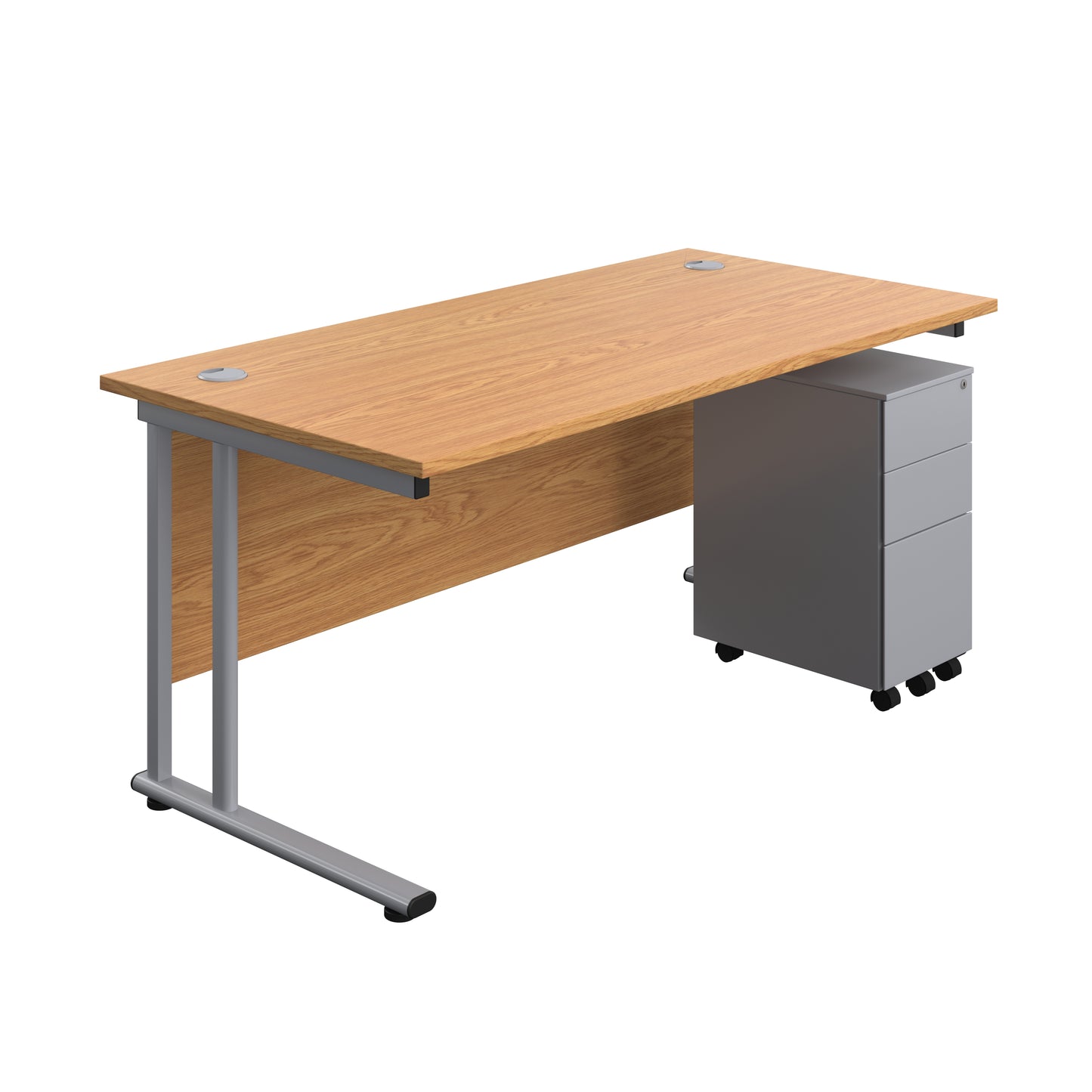 Aztec|Twin Upright|Rectangular Desk and Slimline Steel Pedestal 3 Drawer|1600x800|Nova Oak-Silver