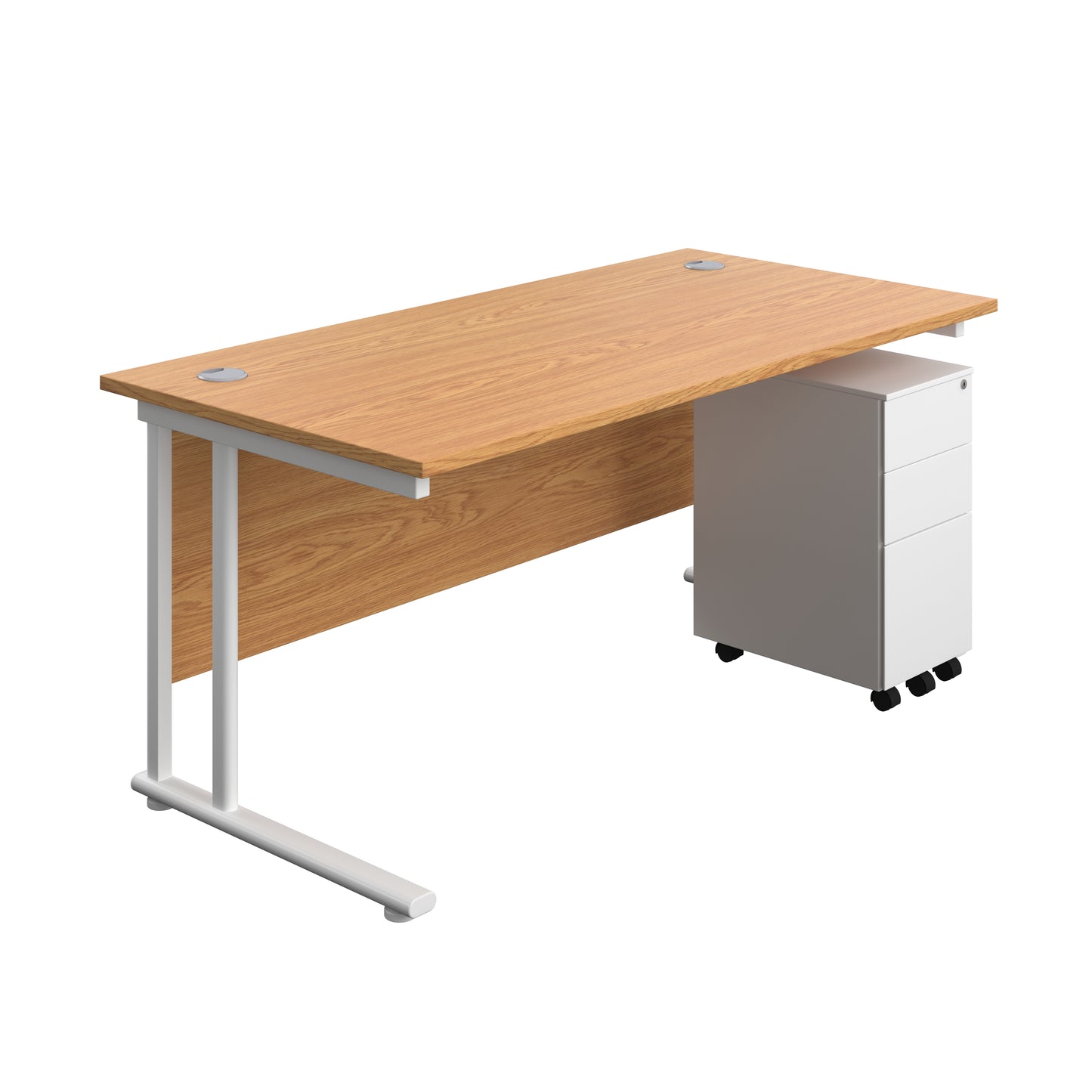 Aztec|Twin Upright|Rectangular Desk and Slimline Steel Pedestal 3 Drawer|1600x800|Nova Oak-White