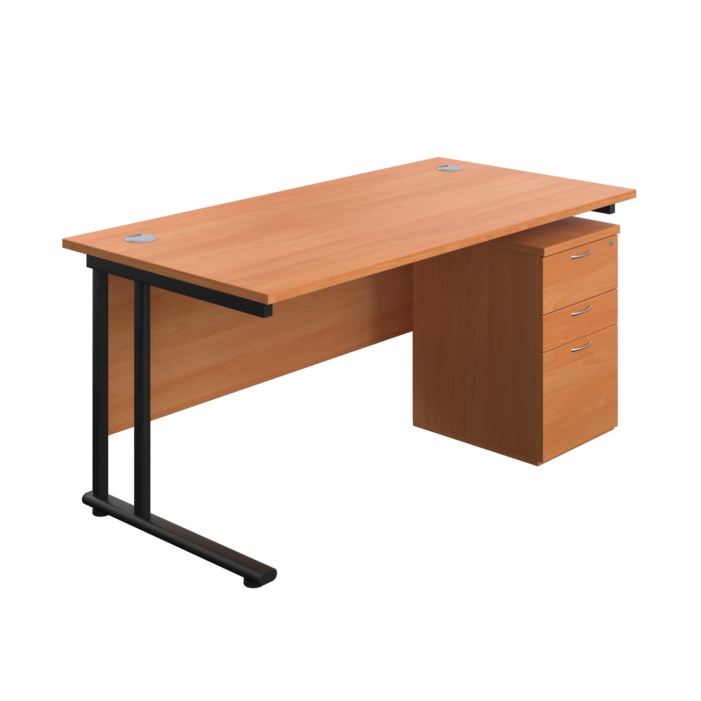 Aztec|Twin Upright|Rectangular Desk and High Mobile Pedestal 3 Drawer|1600x800|Beech-Black
