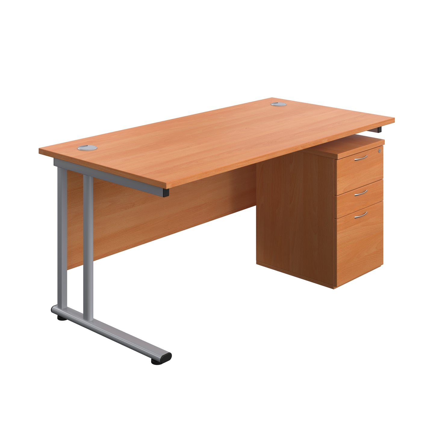 Aztec|Twin Upright|Rectangular Desk and High Mobile Pedestal 3 Drawer|1600x800|Beech-Silver