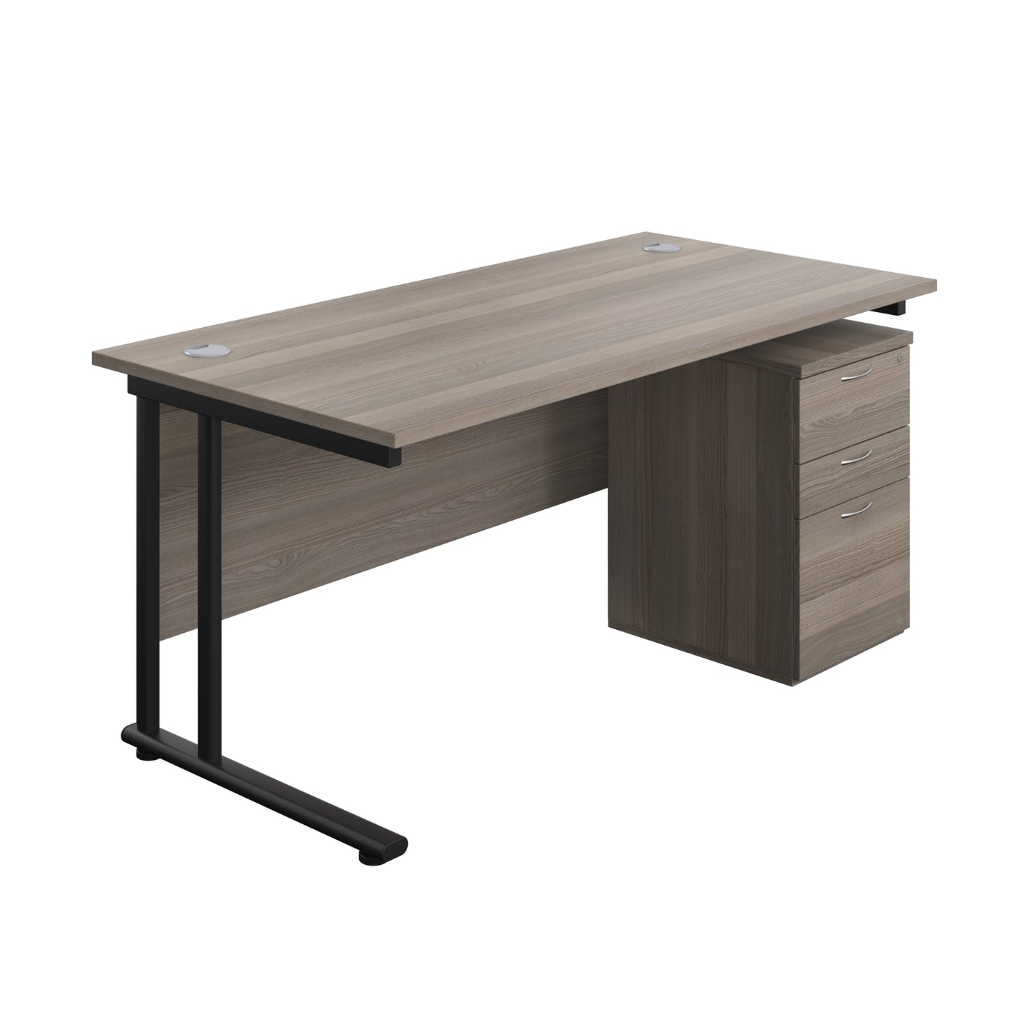 Aztec|Twin Upright|Rectangular Desk and High Mobile Pedestal 3 Drawer|1600x800|Grey Oak-Black