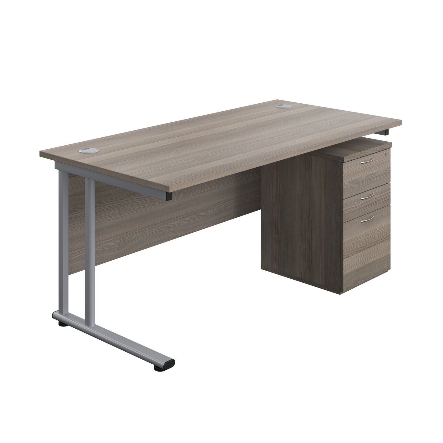 Aztec|Twin Upright|Rectangular Desk and High Mobile Pedestal 3 Drawer|1600x800|Grey Oak-Silver