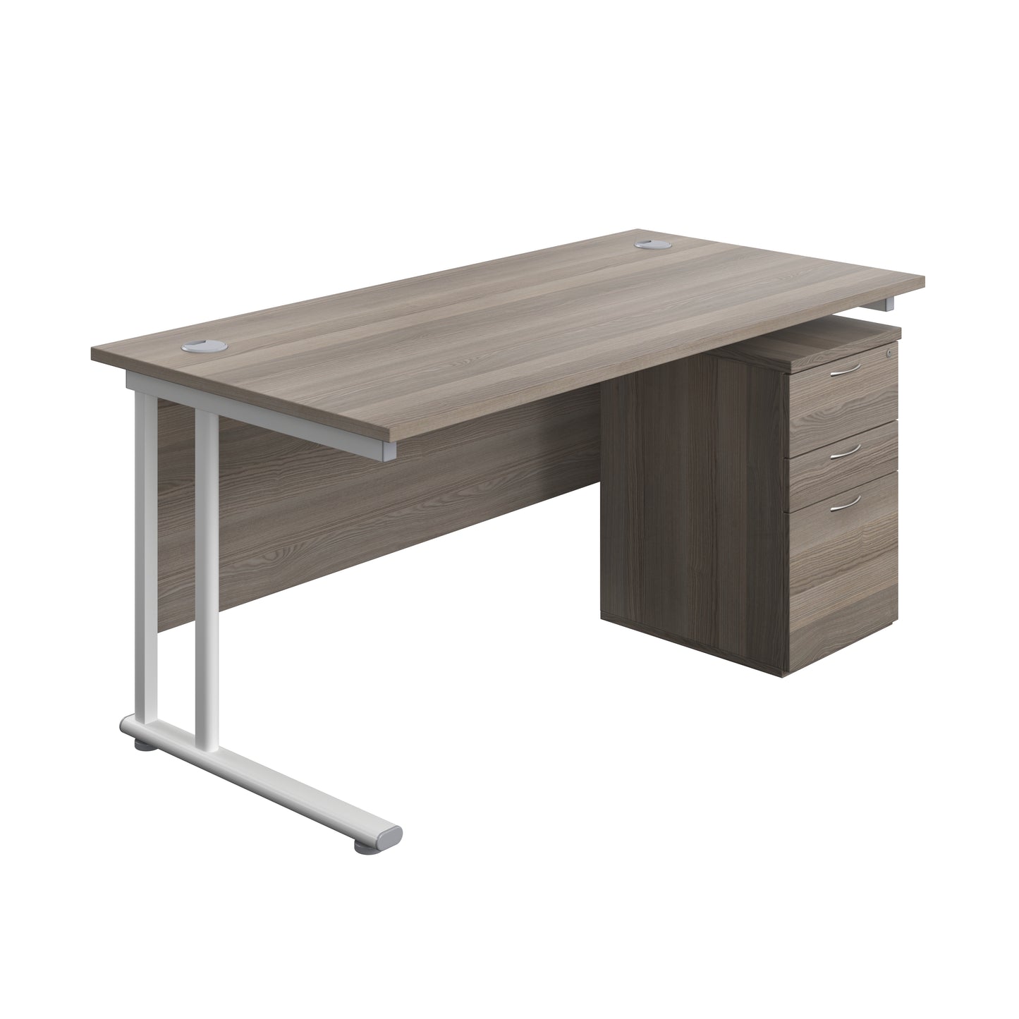 Aztec|Twin Upright|Rectangular Desk and High Mobile Pedestal 3 Drawer|1600x800|Grey Oak-White