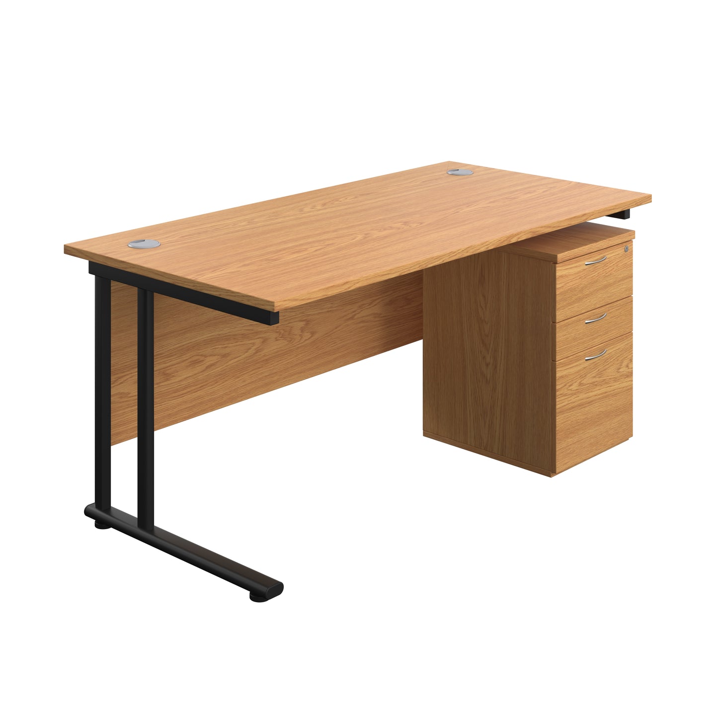 Aztec|Twin Upright|Rectangular Desk and High Mobile Pedestal 3 Drawer|1600x800|Nova Oak-Black